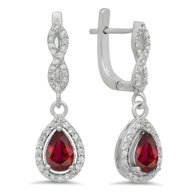 2.15 Ct Pear Cut Lab Created Ruby Drop Dangle Earrings In 14K White Gold Plated