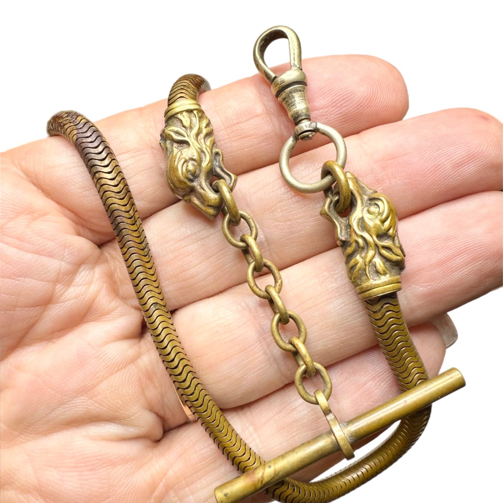 LUX Antique Figural Pocket Watch Chain, with Lion Motif, 12 1/2”