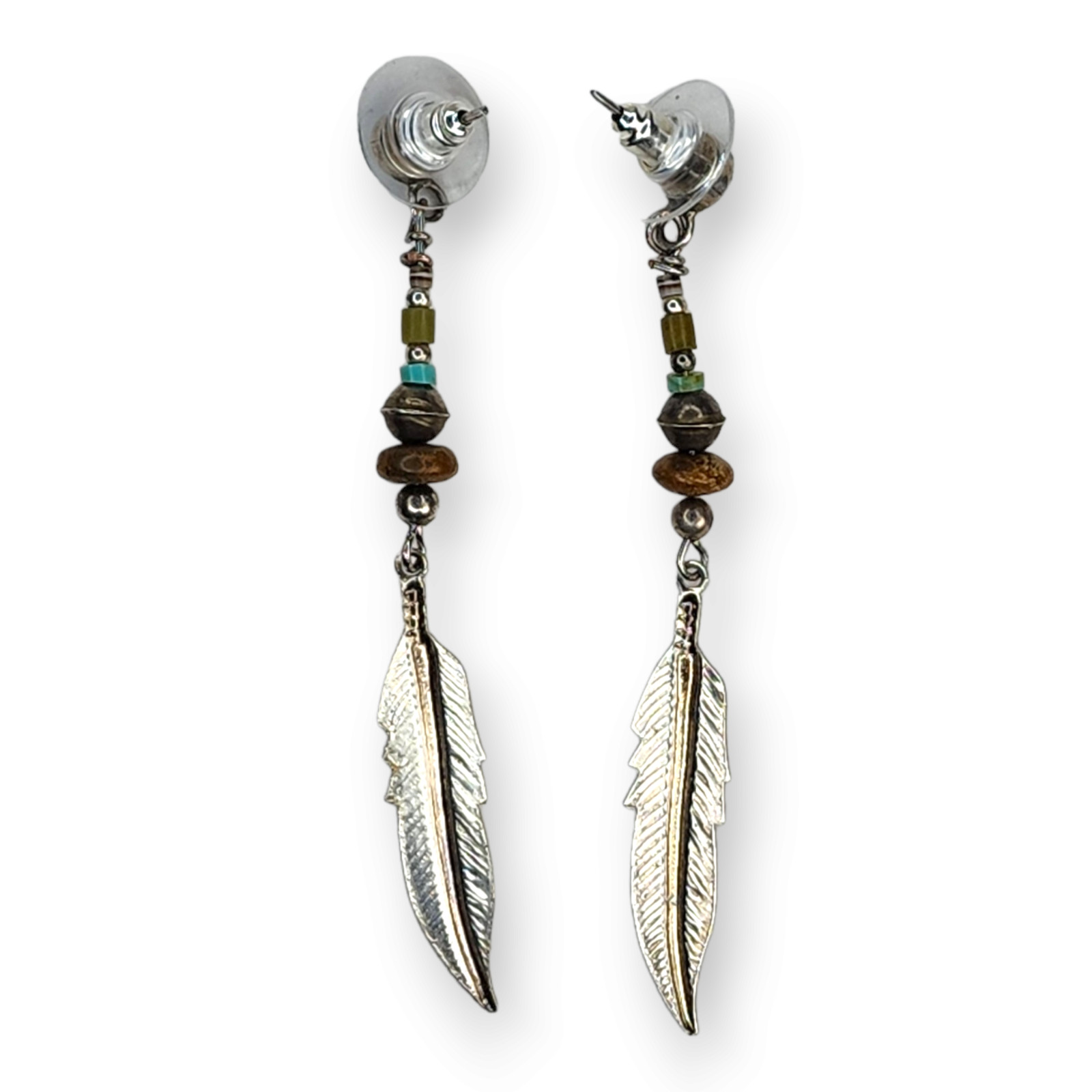 Vintage Sterling Silver 925 Turquoise Feather Stone Post Earrings