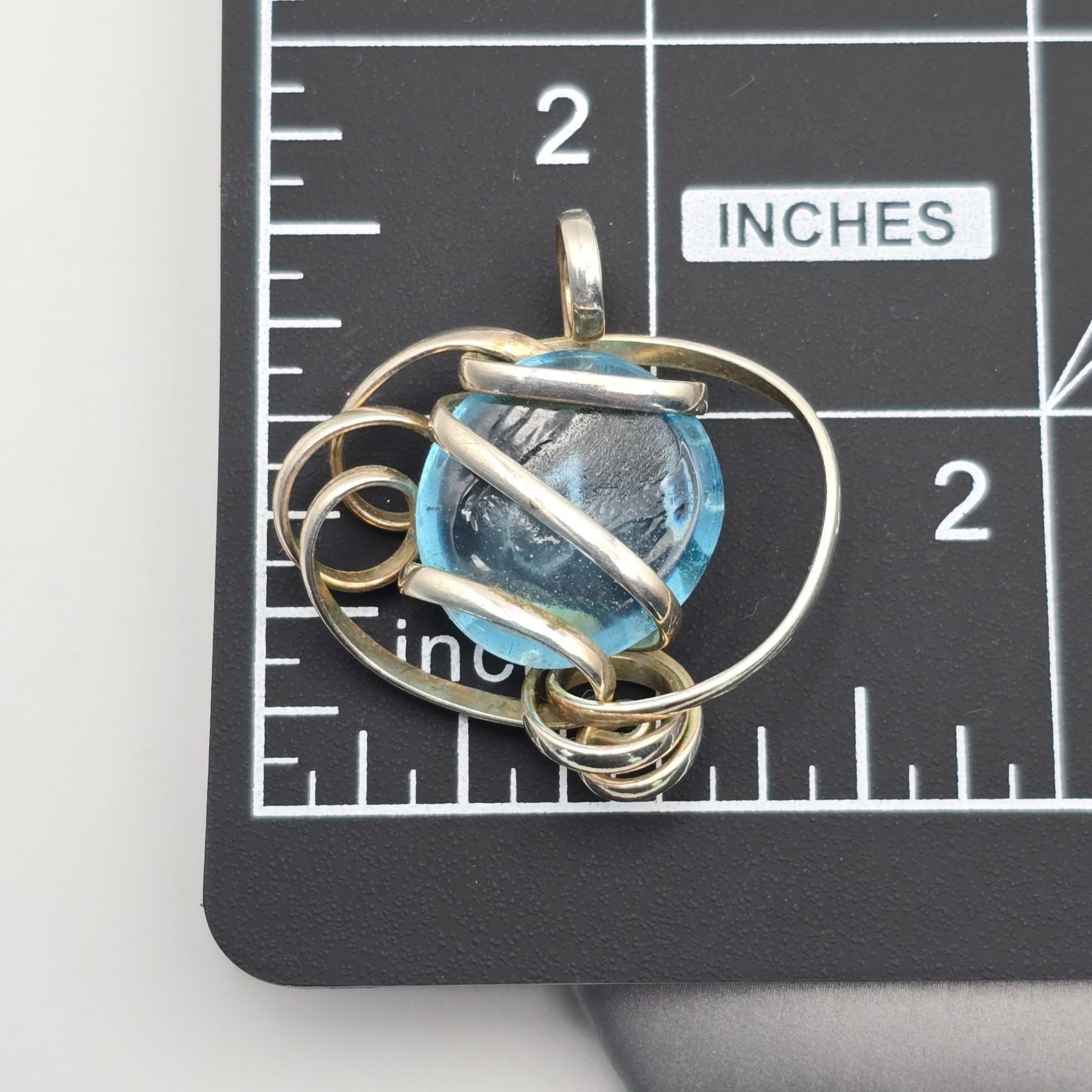 Vintage Sterling Silver Wire Wrapped Aqua Glass Pendant Abstract Modernist 1.5″
