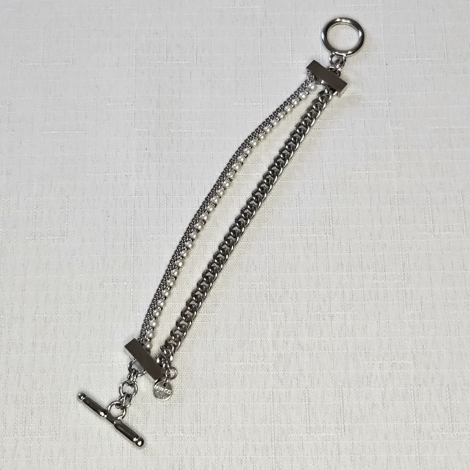 Mimco Signed Silver-Tone Multi-Strand Curb Link Faux Pearl Toggle Bracelet
