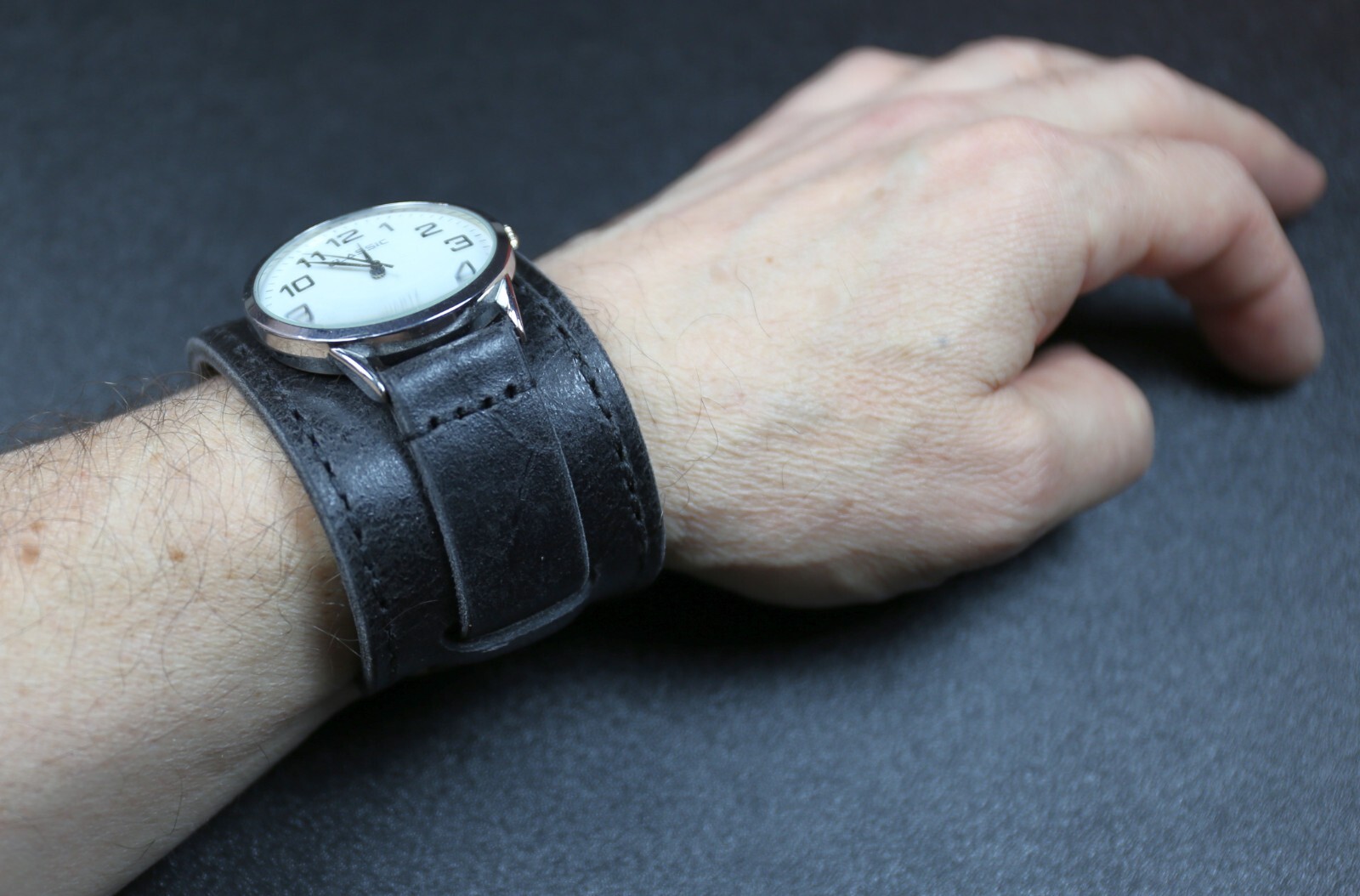 Leather watch bund band Military Black Distressed strap cuff pad 18mm 20 22 26mm