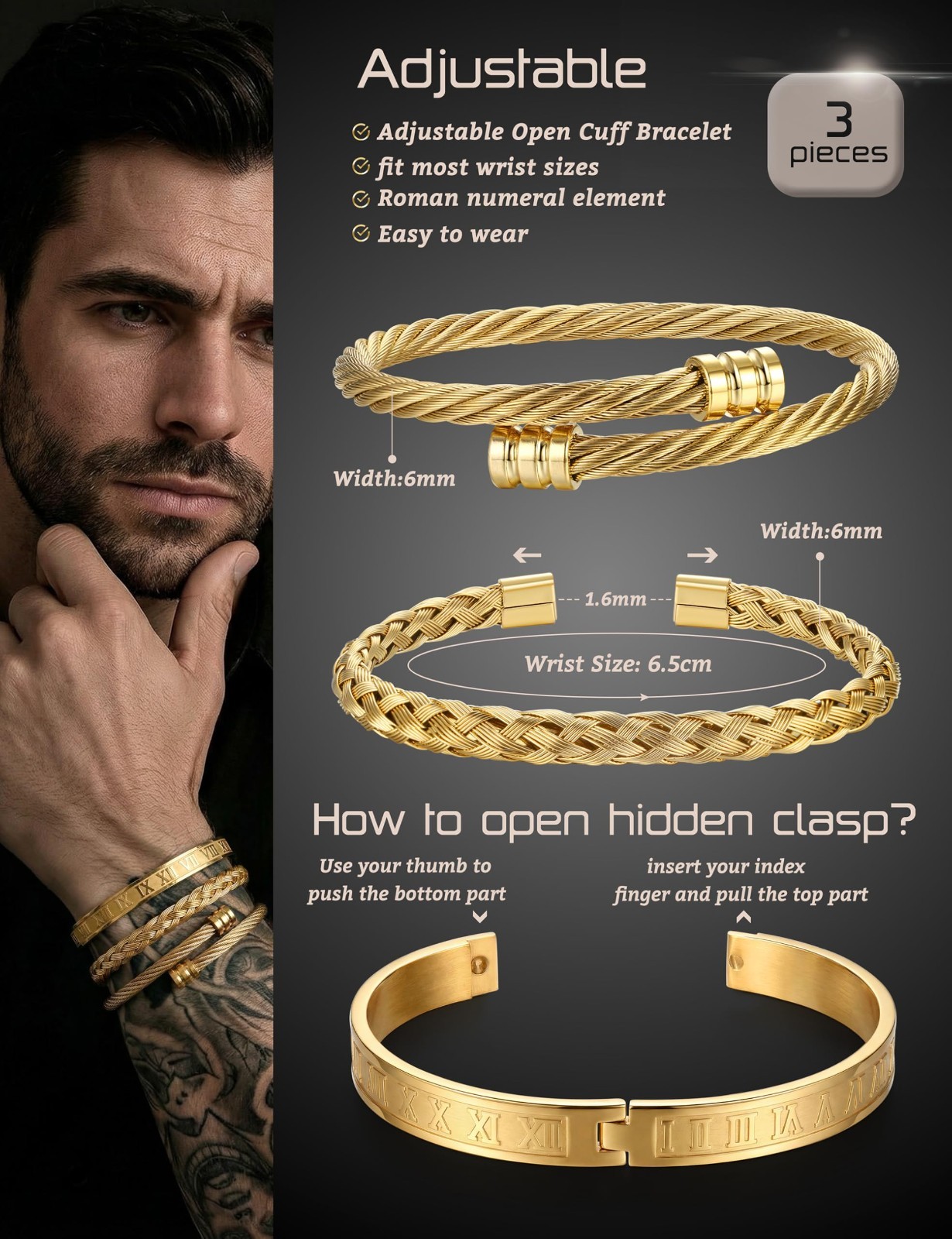3Pcs Men’s Stainless Steel Adjustable Bracelets – Roman Numeral & Twisted Cable