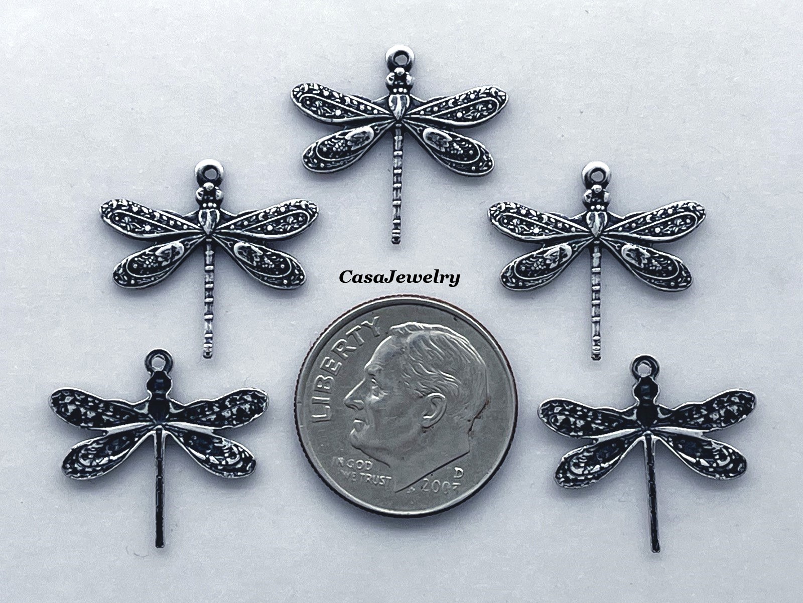 #2002 SM ANTIQUED STERLING SILVER PLATED DRAGONFLY W/TOP HANG RING – 6 Pc Lot