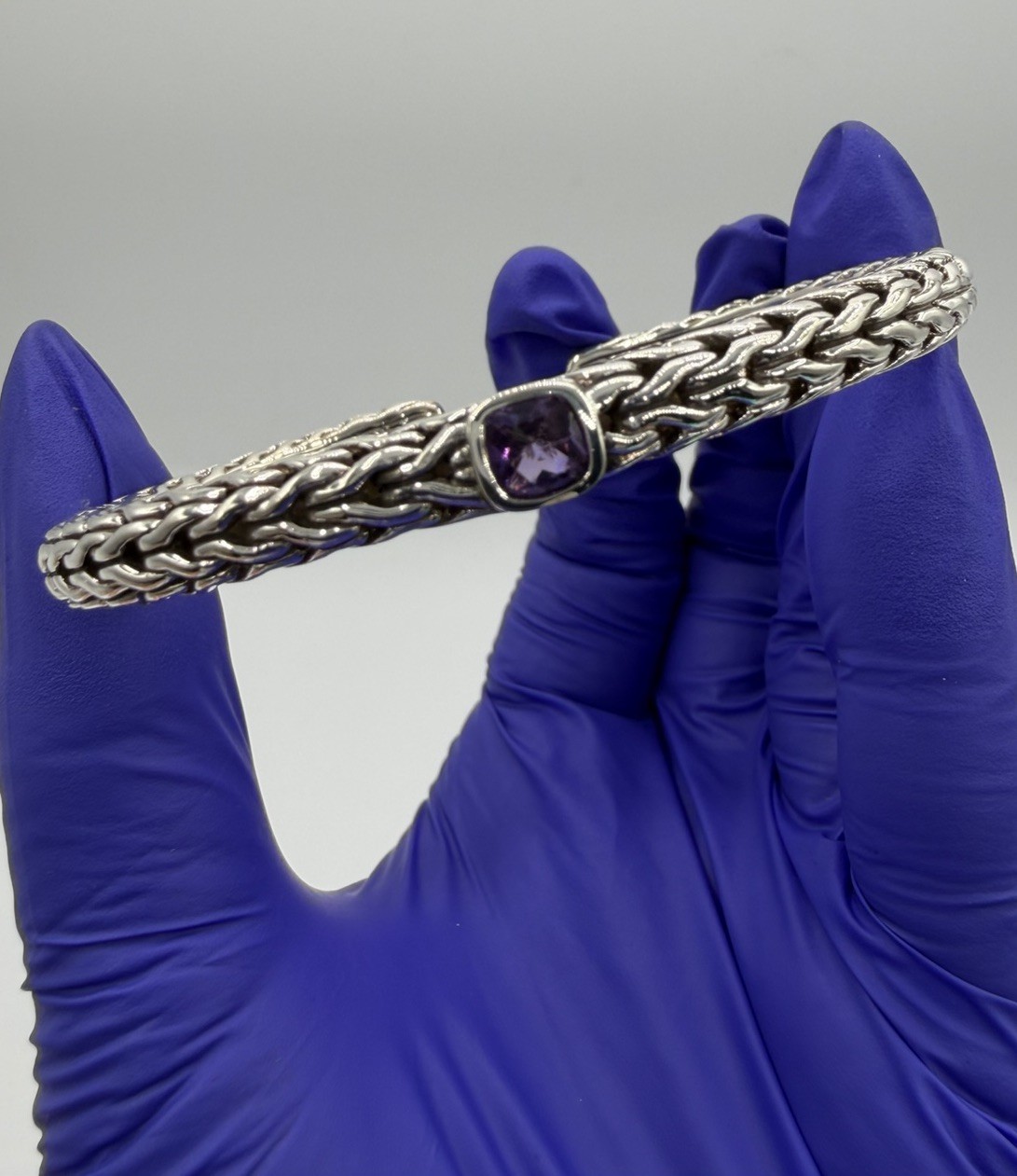 John Hardy 925 Sterling Silver & Purple Amethyst Cuff Bracelet 6.3mm 27.8g Sz 7