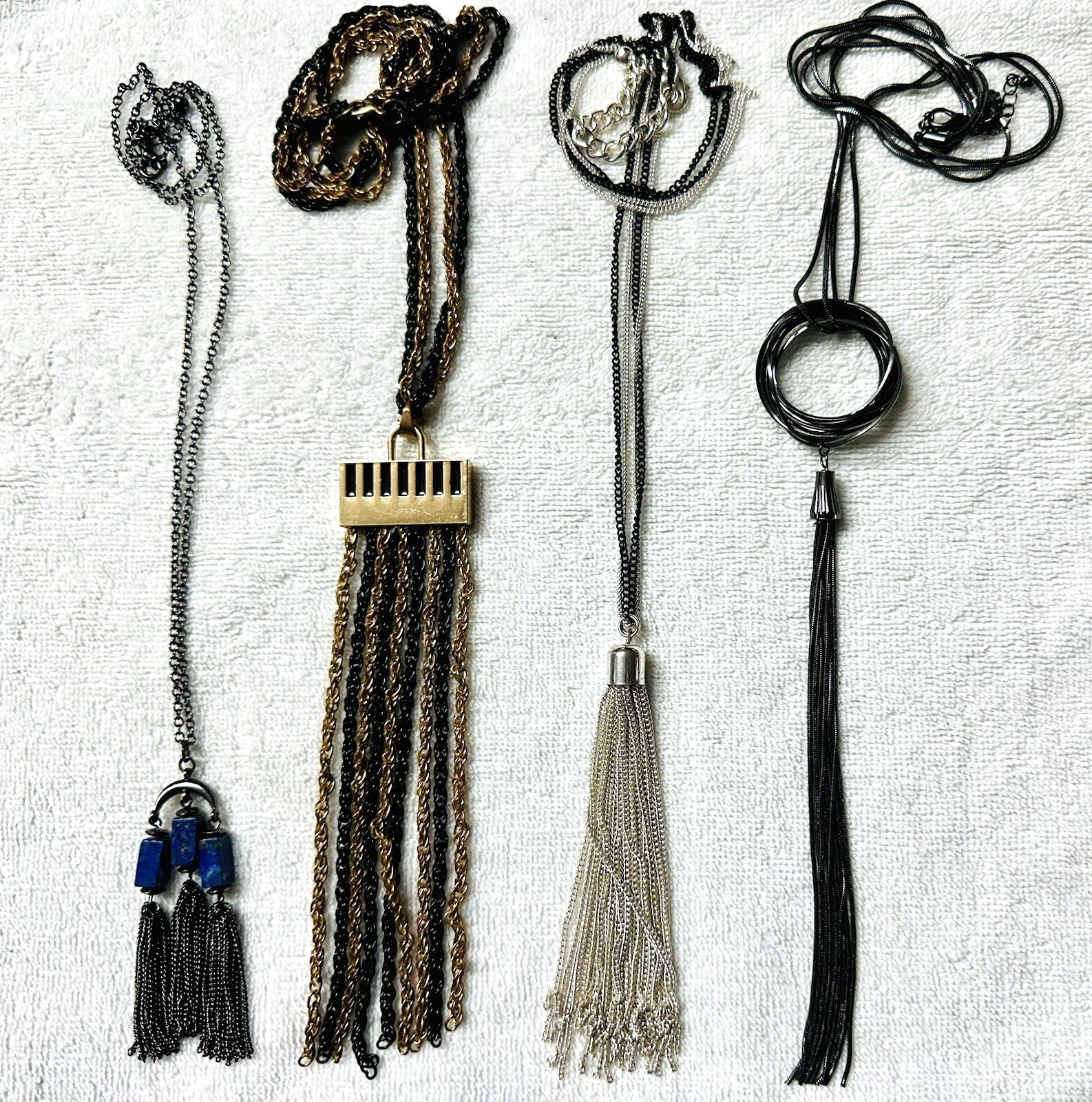 4 Unique Mod Tassel Black / Silver / Gold Tone Pendant Necklace Lot n835