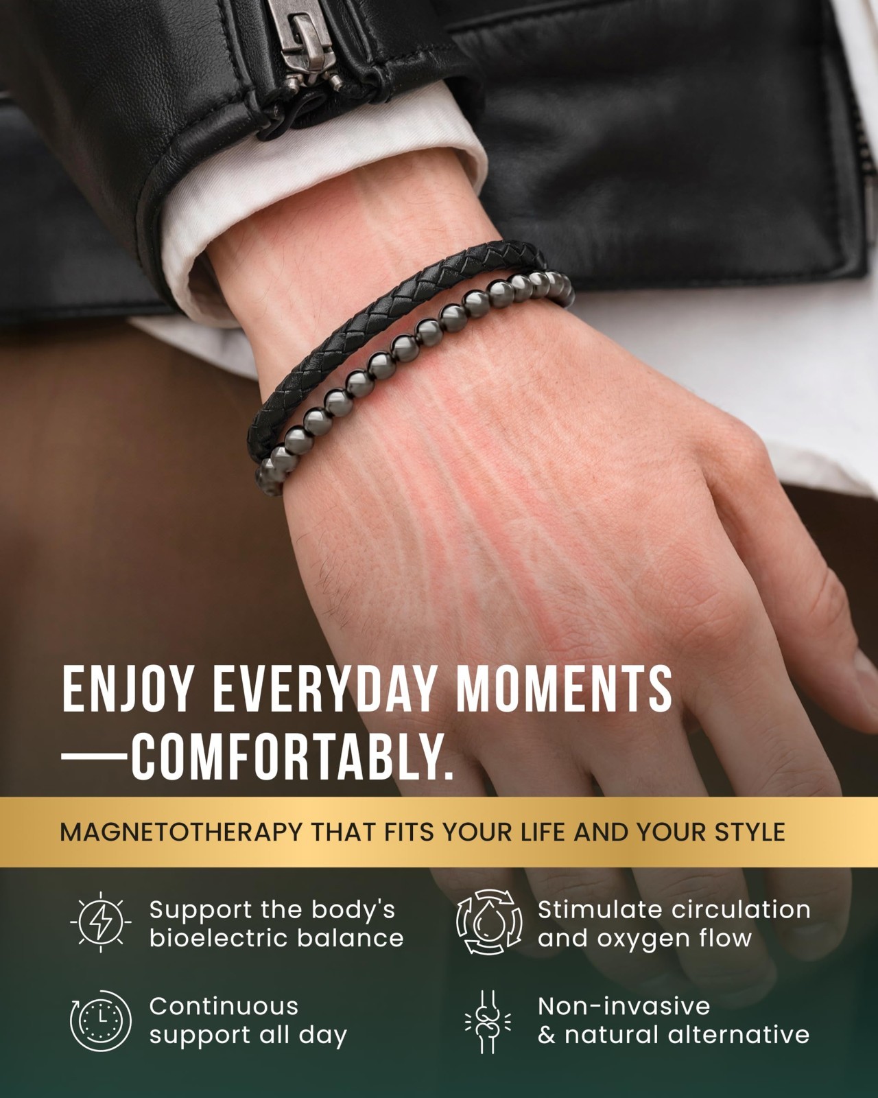 Max Strength Magnetic Hematite & Leather Bracelet – Men’s Beaded Jewelry (Large)