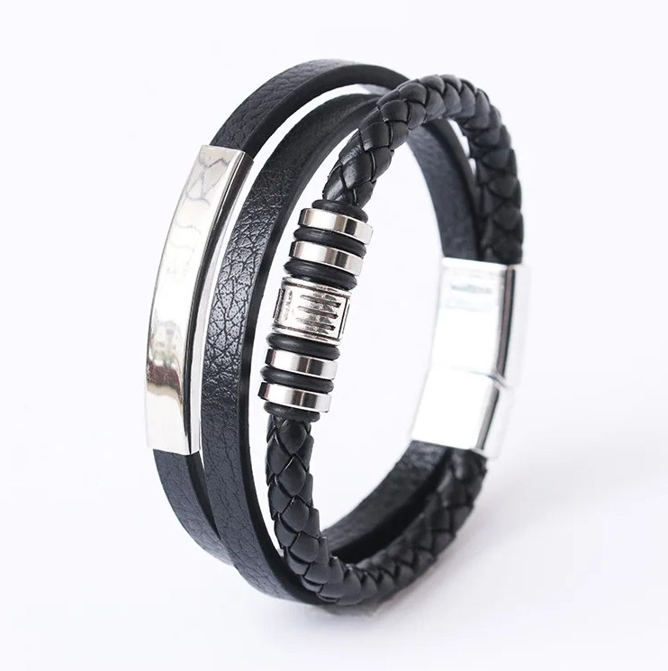 Men’s Multilayer Braided Leather Bracelet with Stainless Steel Clasp 21cm