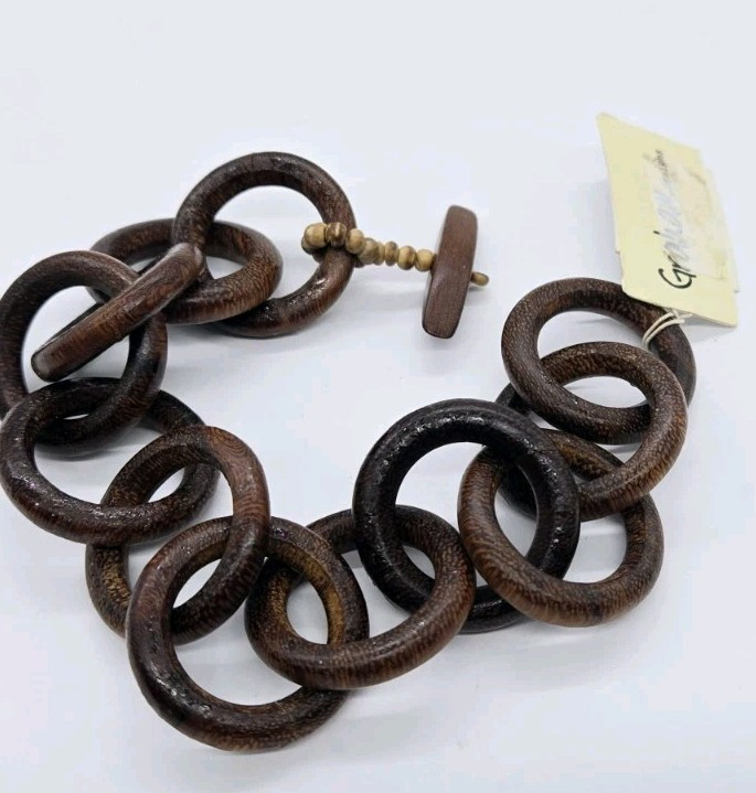 Faux Wood Style Bracelet Graham Design Circle Link Toggle 9.5 in Hippy Hippie