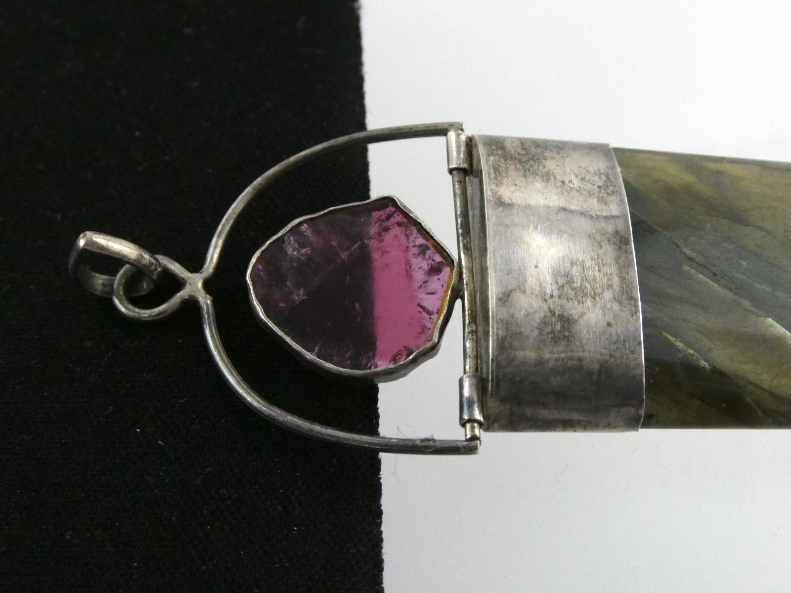 Sterling Silver Pink Tourmaline Slice Labradorite Moonstone Pendant 925 24.2g