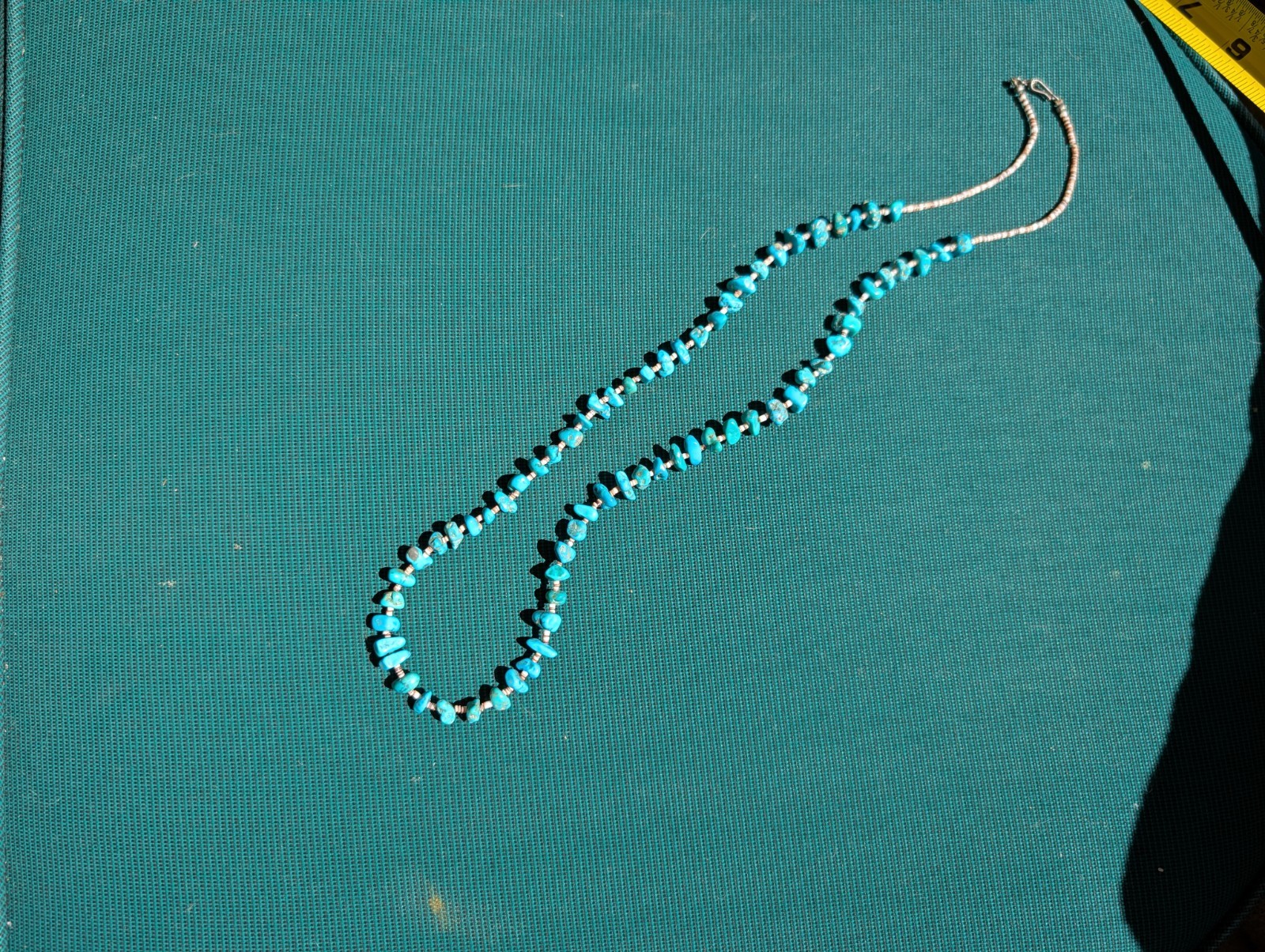 Vintage Kingman Turquoise Olive Shell Heishi Necklace 29″ Southwestern 35g
