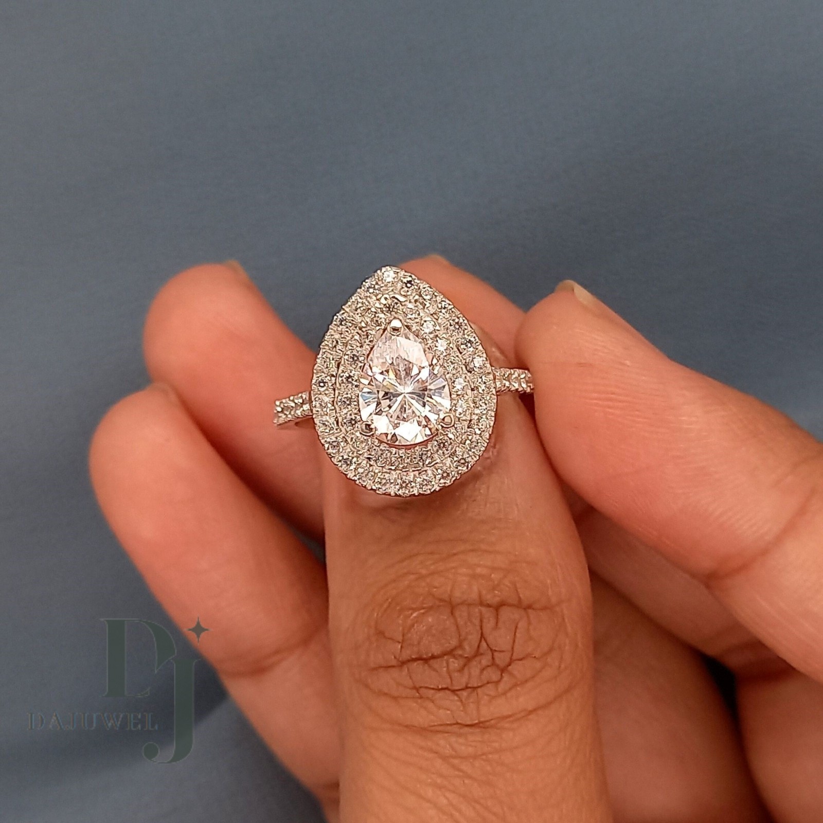 3 CT Pear Cut Moissanite Double Halo Engagement Ring Solid 14K White Gold VVS1