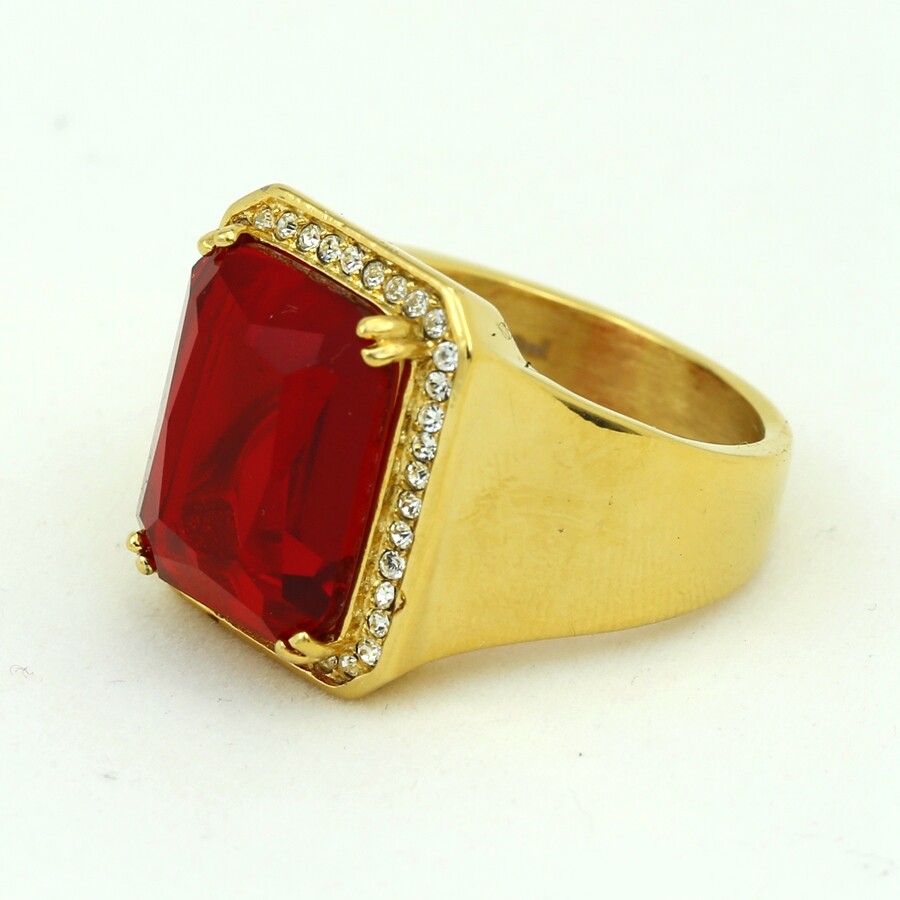 Men’s Stainless Steel RED Cubic Zirconia Square Rings #8 9-13 Gold plated Box