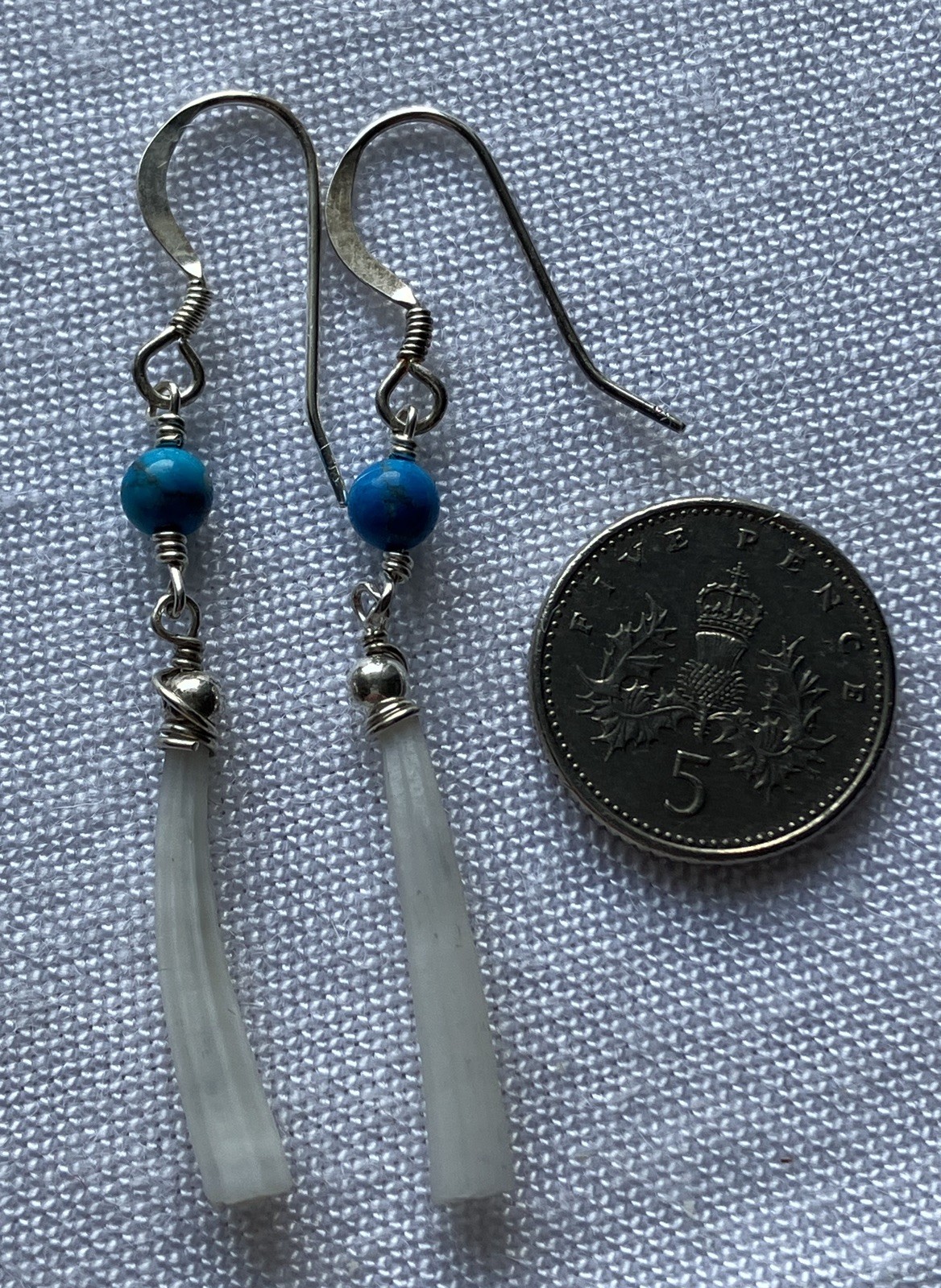 925 Sterling Silver dentallium shell turquoise gemstone dangle earrings HANDMADE
