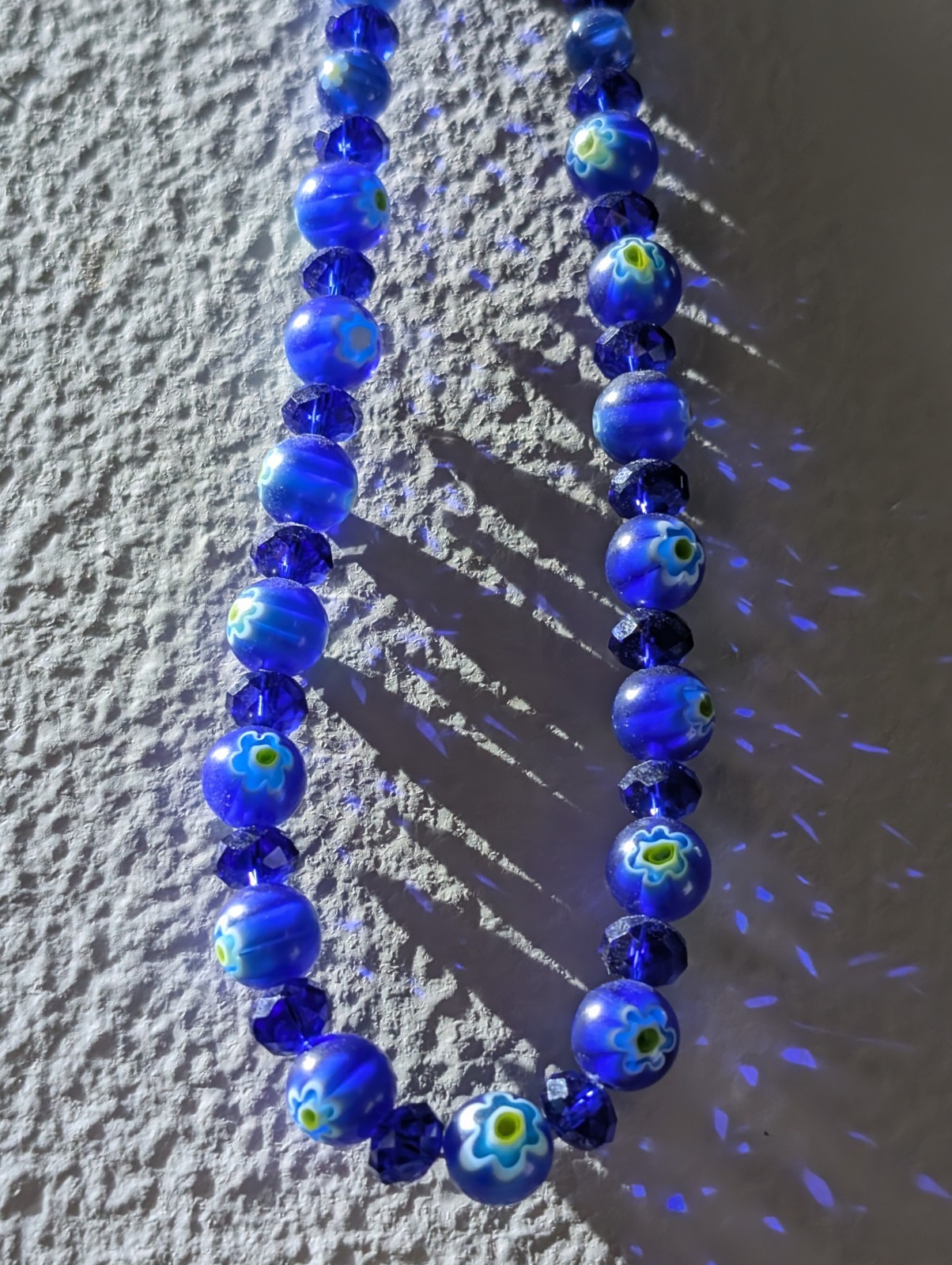 Vintage Cobalt Blue Millefiori Art Glass Flower Bead Bracelet Faceted Rondelle