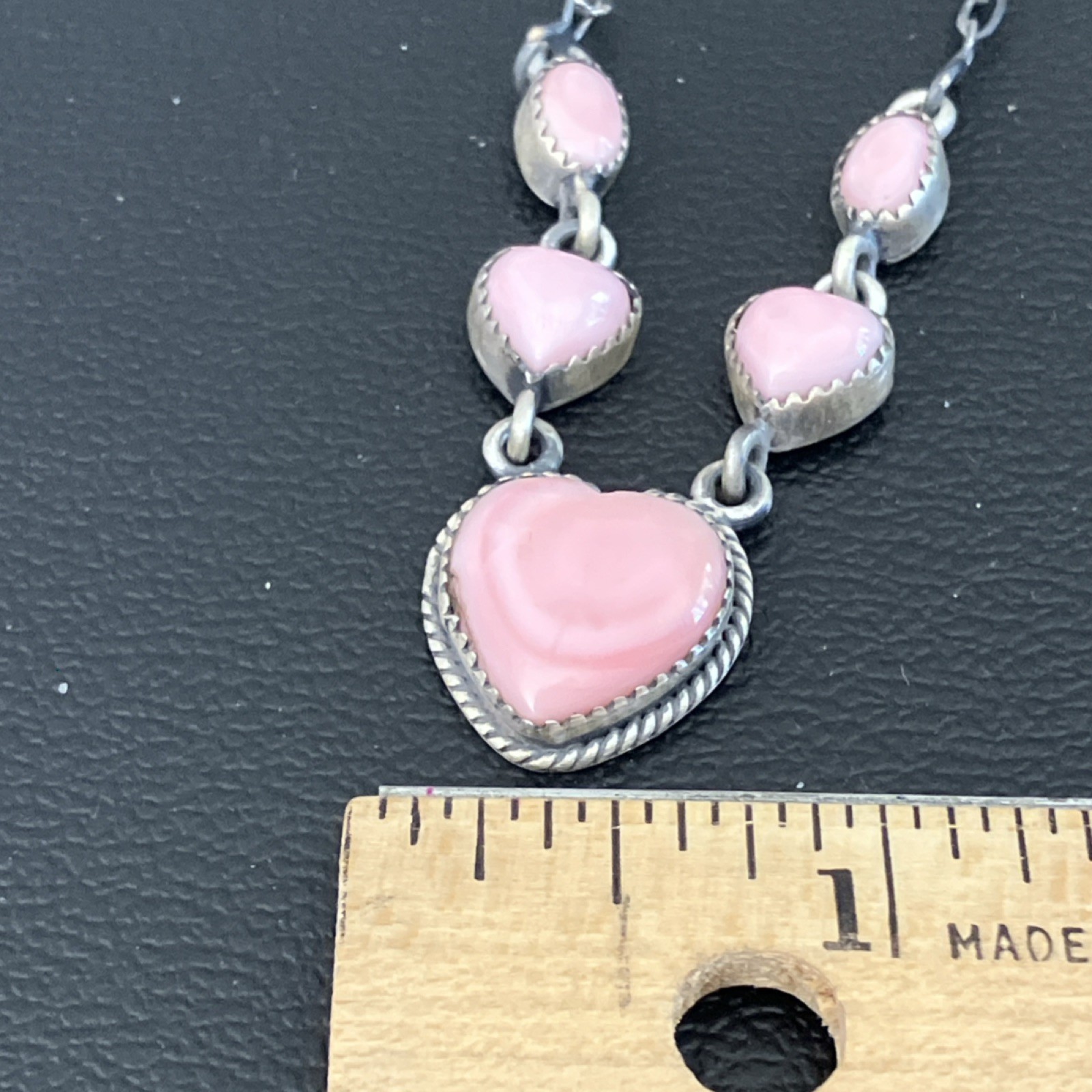 Pink Conch Shell Heart Station Necklace 18″ Cable Signed Natural Sterling 925