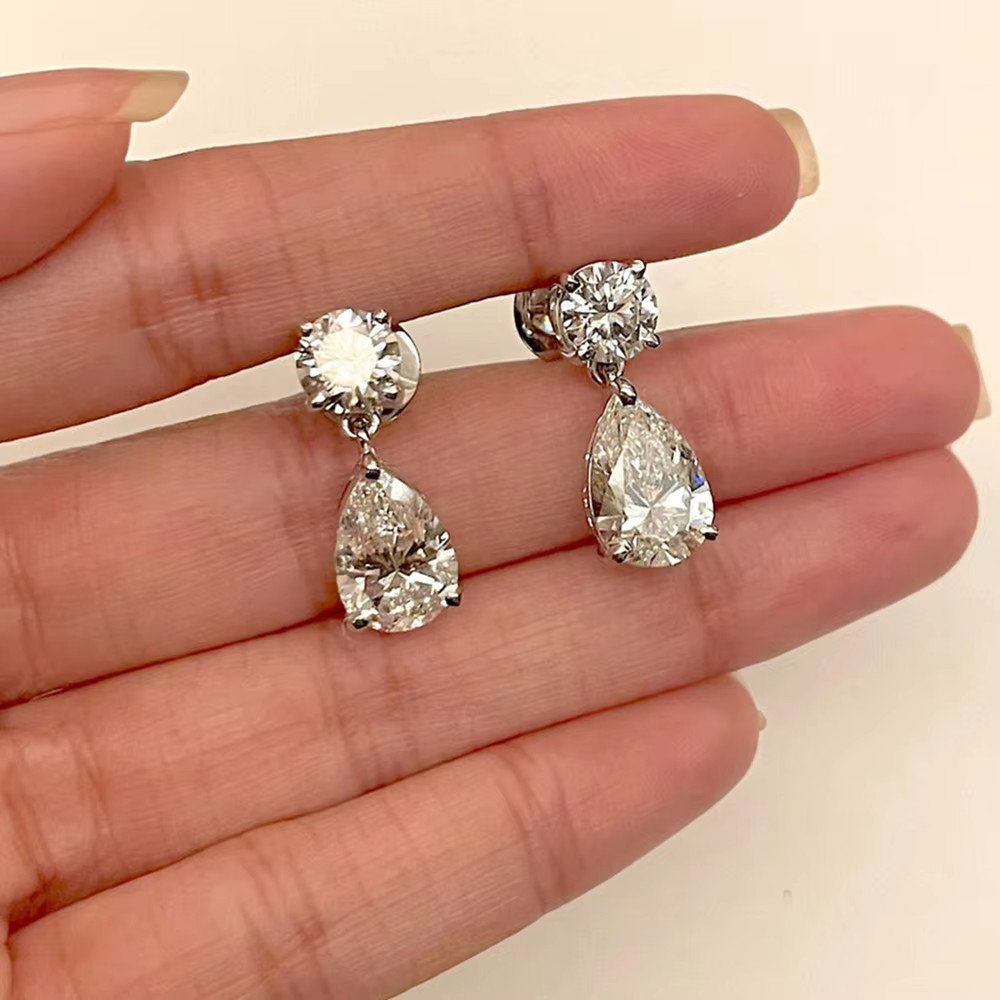 5.00Ct Pear Round Cut Moissanite Drop Earrings 925 Silver 14k White Gold Plated