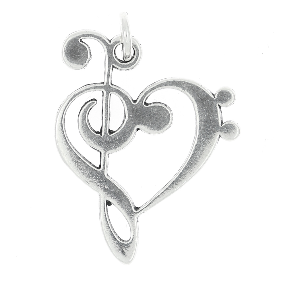 Sterling Silver Love Music Treble Bass Clef Heart Charm or Pendant