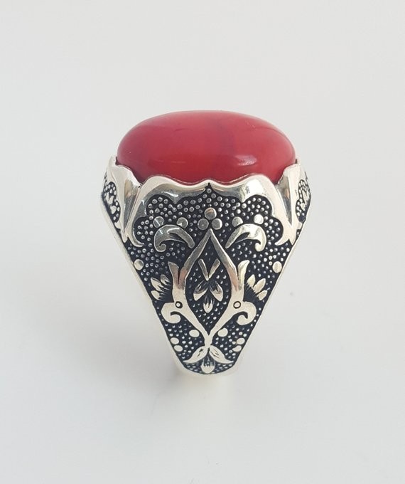 Solid 925 Sterling Silver AA Italian Red Coral Gemstone Signet Men’s Unisex Ring