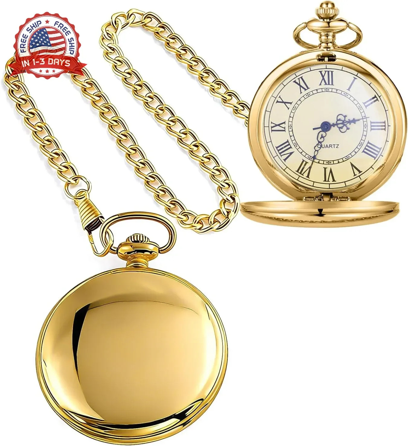 Smooth Pocket Watch Alloy Steel Quartz Roman/Arabic Numerals with 37cm Chain for