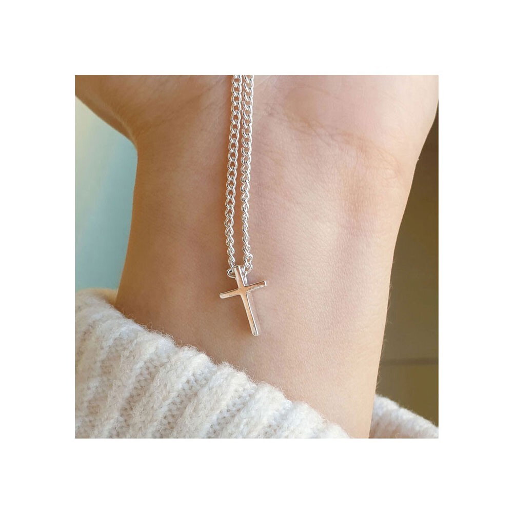 16″+2″WOMEN 925 STERLING SILVER SMALL PLAIN CROSS PENDANT CHAIN NECKLACE*AWN15