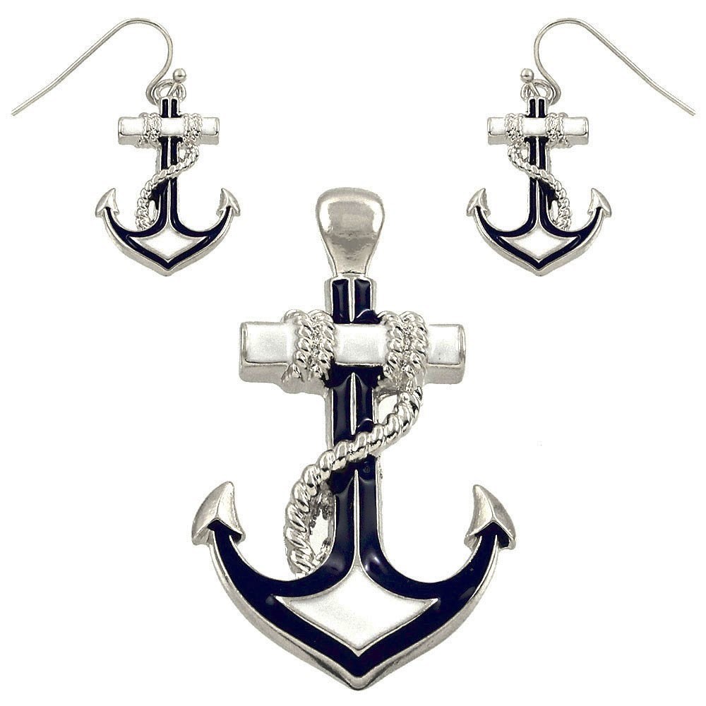 Large Beautiful Enameled Nautical Anchor Pendant & Earrings Set Navy Blue White