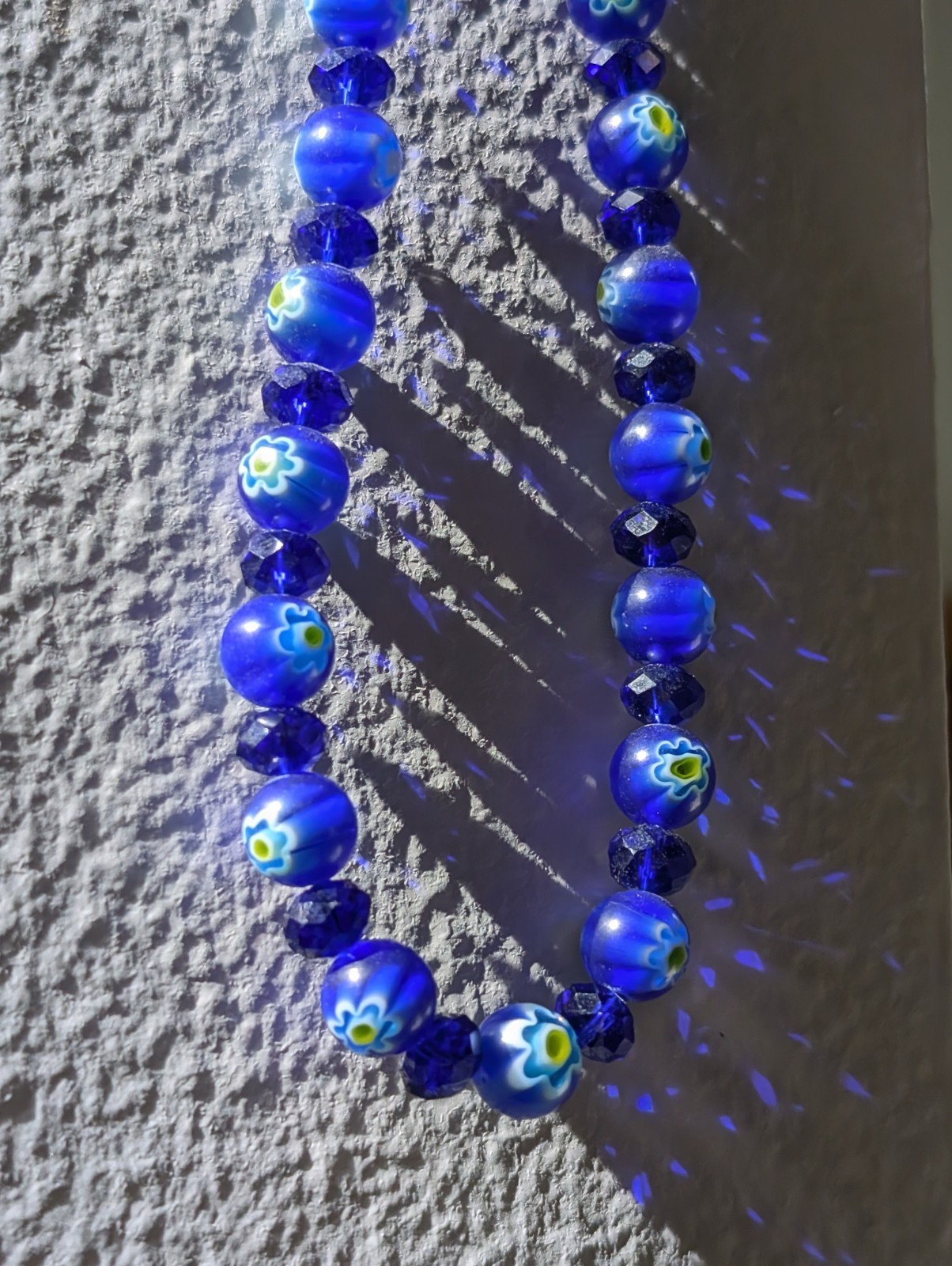 Vintage Cobalt Blue Millefiori Art Glass Flower Bead Bracelet Faceted Rondelle