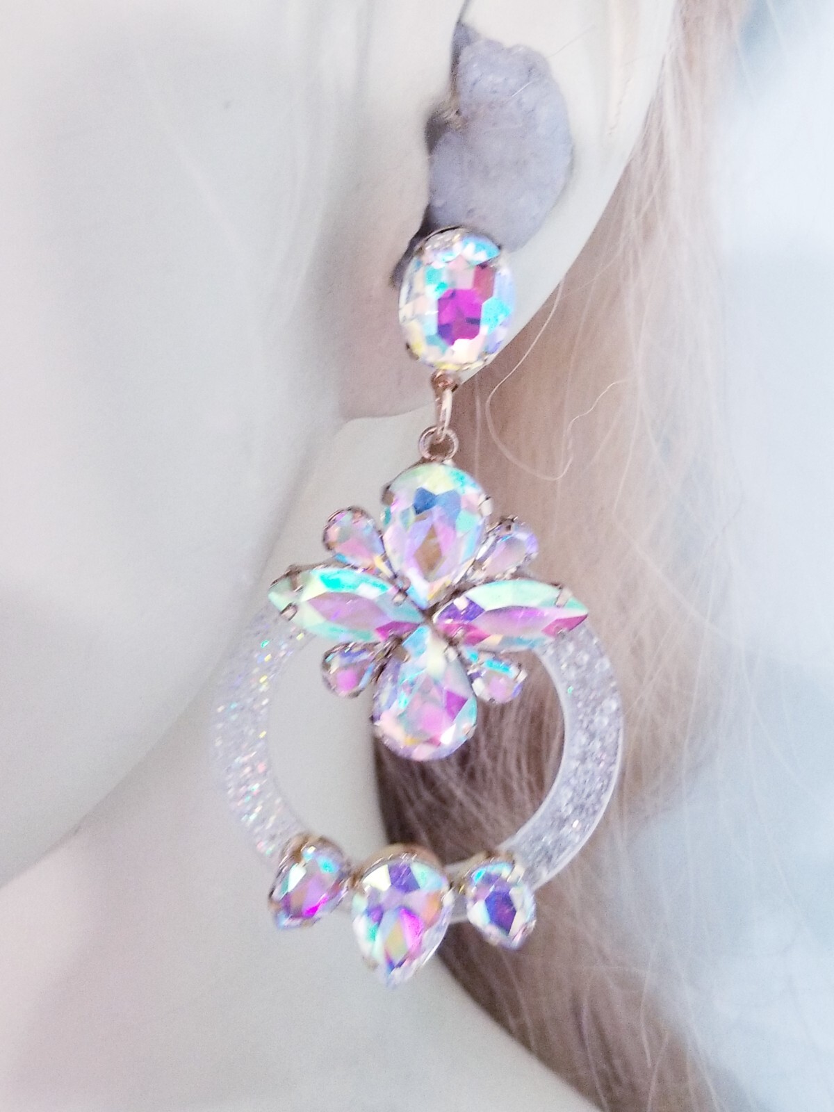 Drop Dangle Chandelier Earrings 3.3 inch AB Rhinestone Acrylic Hoop Pageant Prom