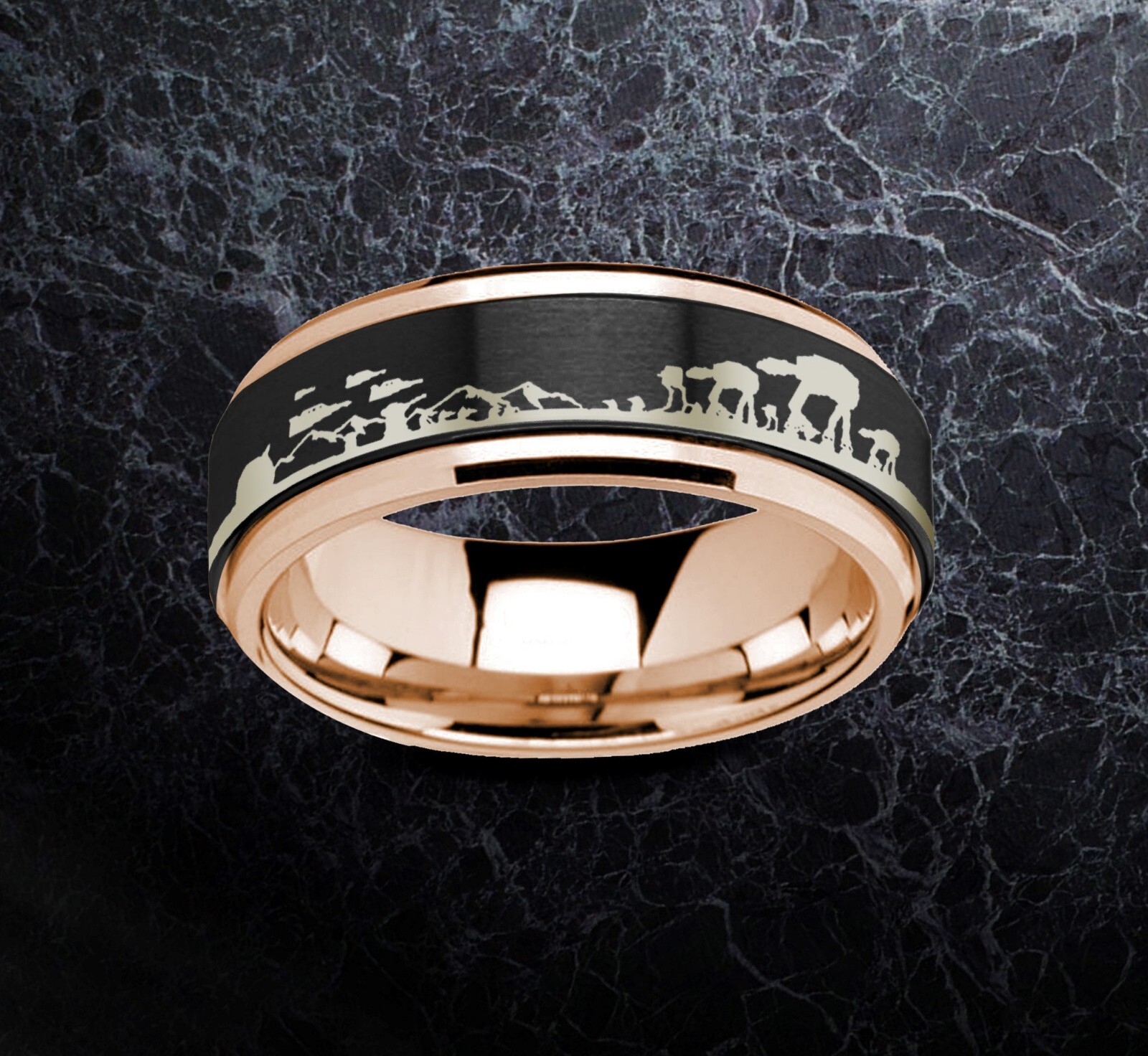 Star Wars Hoth Battle Scene Spinner Ring, Tungsten Carbide Wedding Ring 8mm