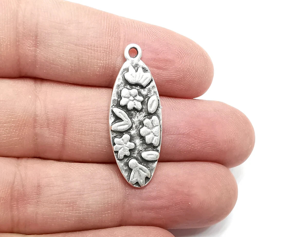 Flower Charms Leaf Oval Dangle Charms, Antique Silver Plated jewelry accessories