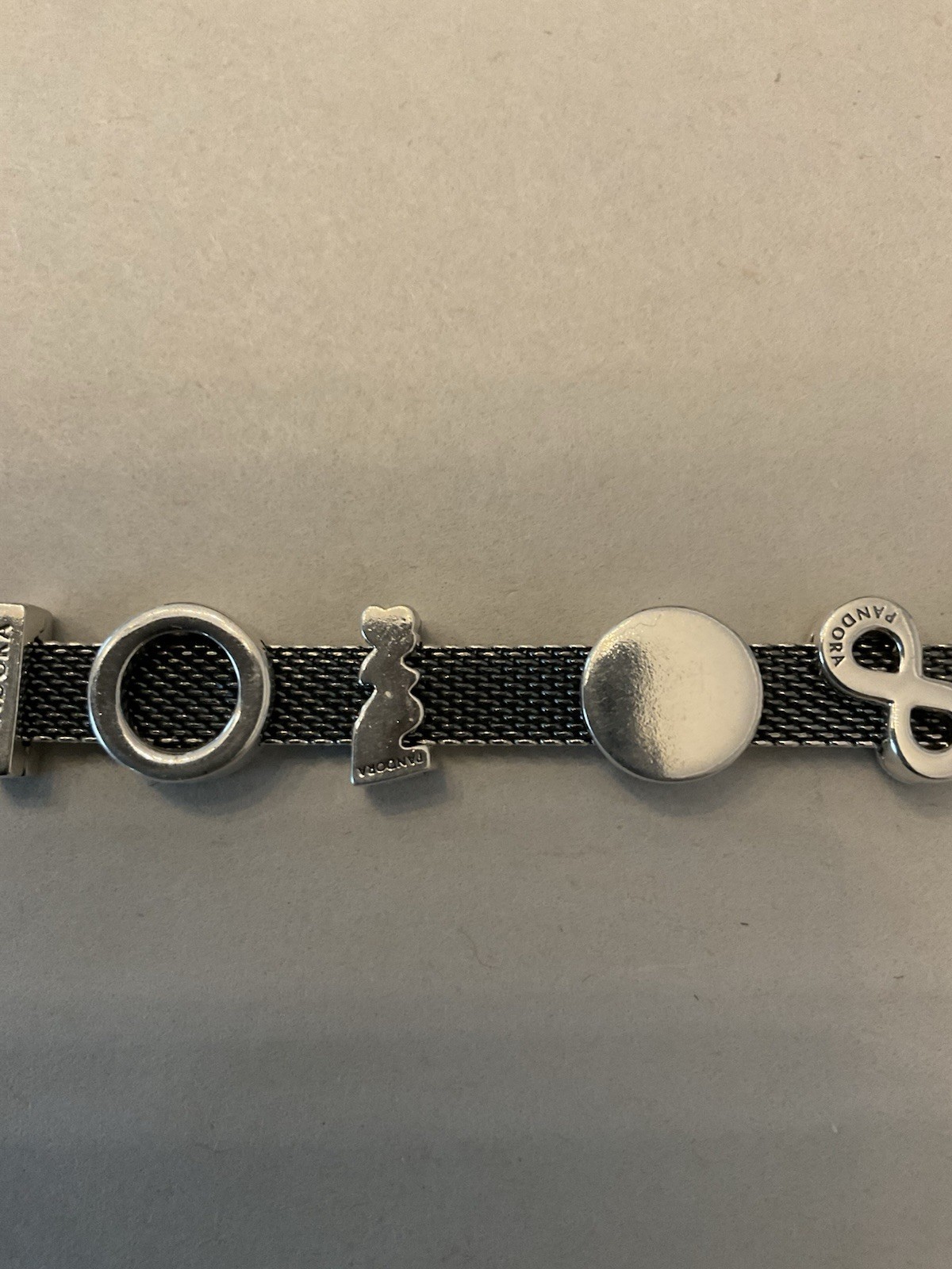 Pandora Reflections Mesh Bracelet In Oxidized Silver W/Charms Sz 7.0/7.25