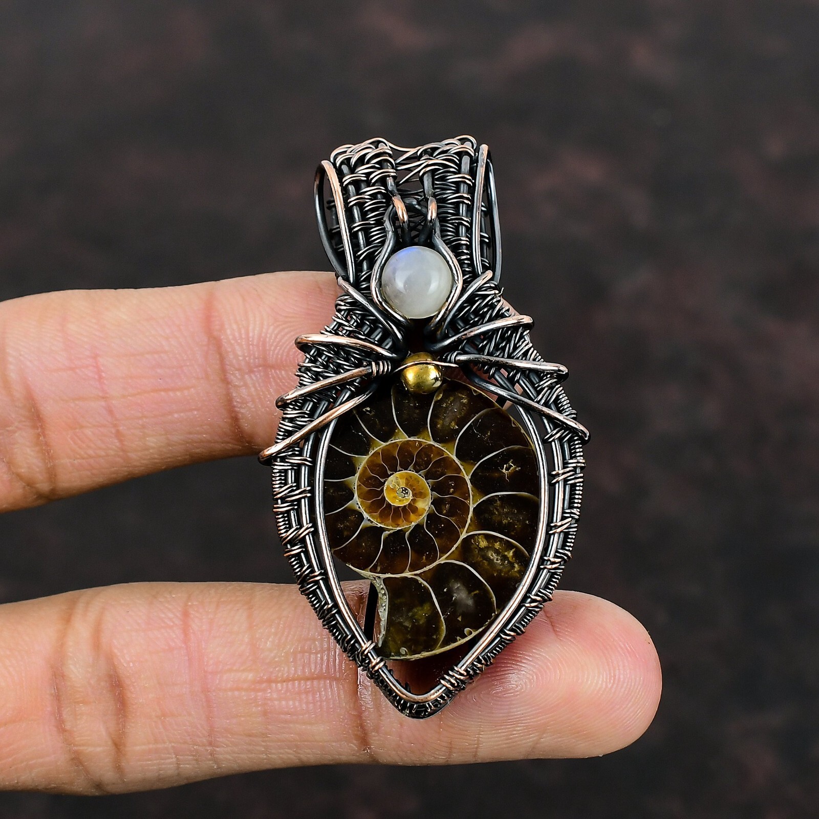 Birthday Gift For Her Ammonite Fossil Wire Wrapped Pendant Copper Jewelry 2.36″