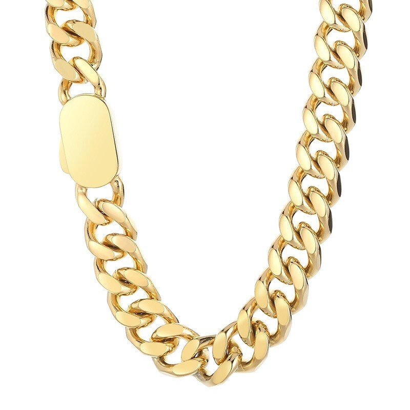 11mm 26inch Gold Curb Chain Link Necklace Flat Cuban Stainless Steel For Mens