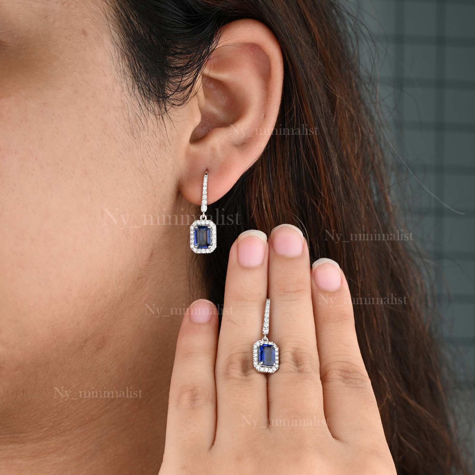 Lab Blue Sapphire Diamond Solid 18K White Gold Drop Earrings, Christmas Gift