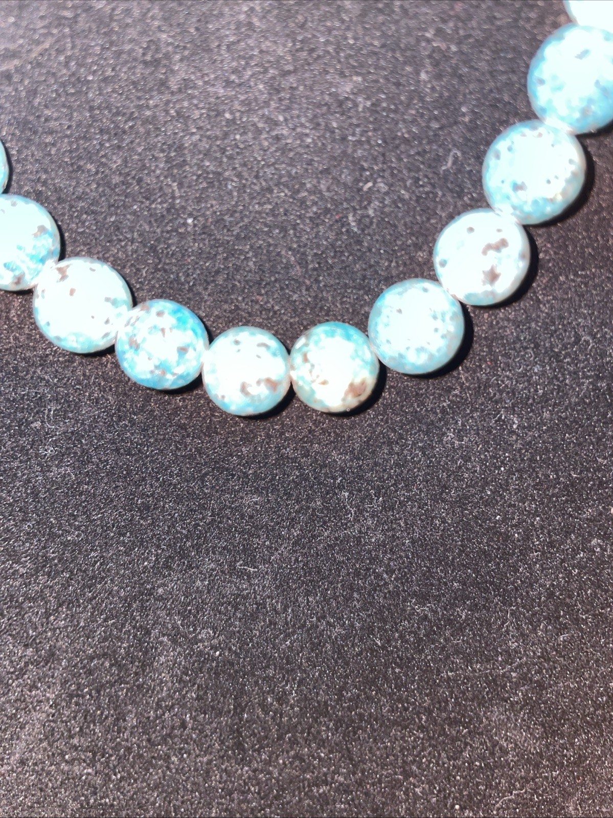 Blue Turquoise Beaded Necklace Round Stones Sky Blue & Black 18”, 925 Clasp