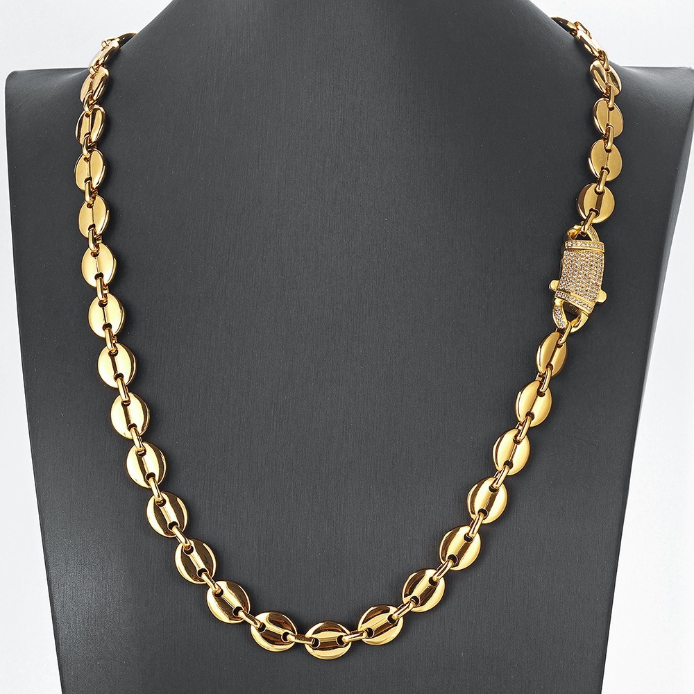 Men’s 7/9/11mm Gold Stainless Steel Coffe Beads Chain Necklace Shinny CZ Lock