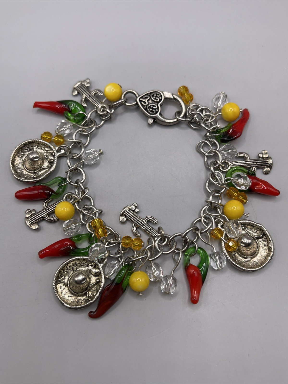 Charm Bracelet Jewelry Woman Glass Hot Papper Chili Cactus Sombrero Silver Tone