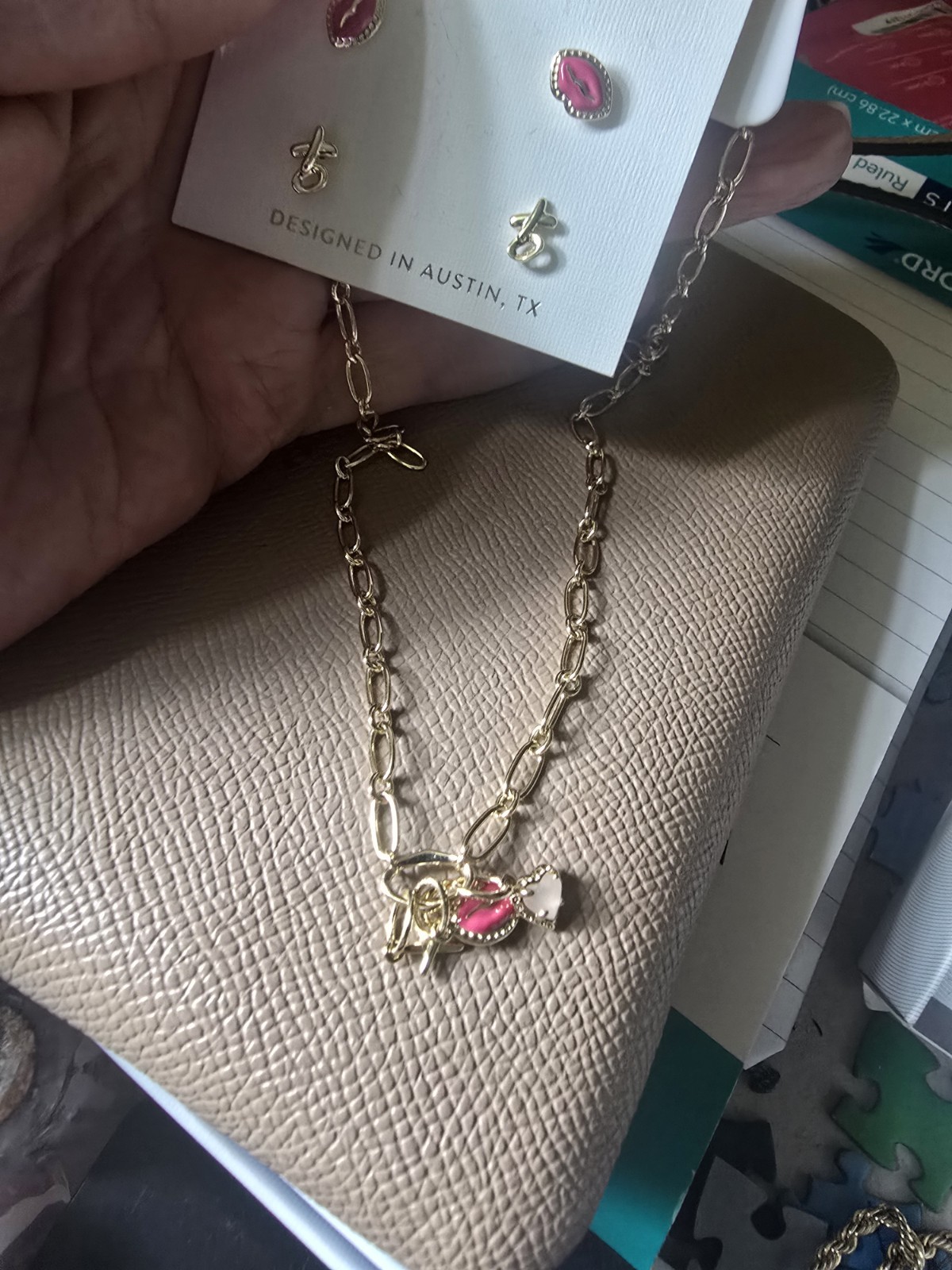 Kendra Scott Gold Tone Necklace & Stud Earrings Set Pink Marquise Stone