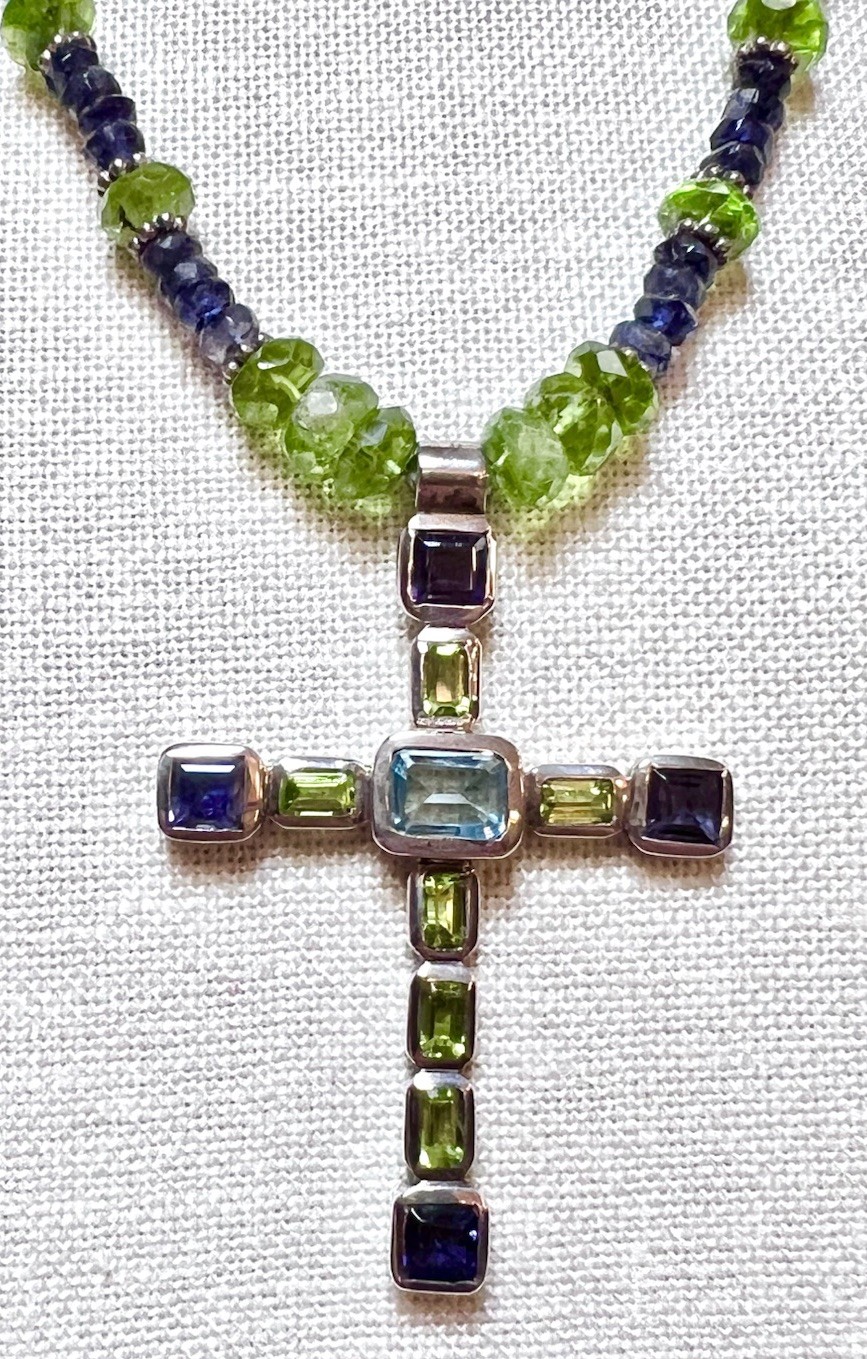 LOVELY Designer Sterling Silver, Blue Topaz, Iolite & Peridot Cross Necklace