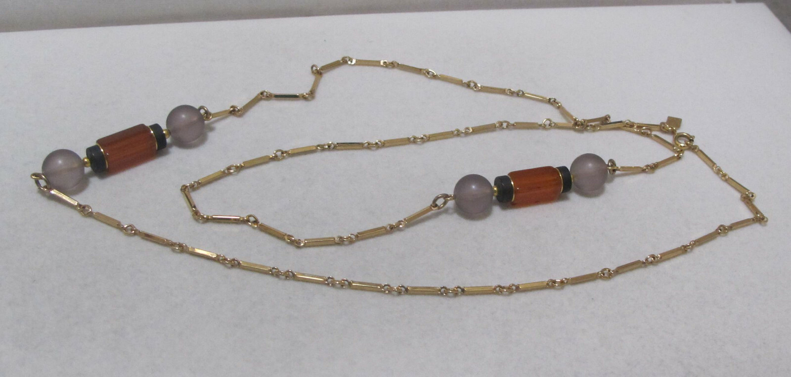 Vtg 1978 SARAH COV “Monterey” 35” Gold Tone Orange Grey Black Station Necklace