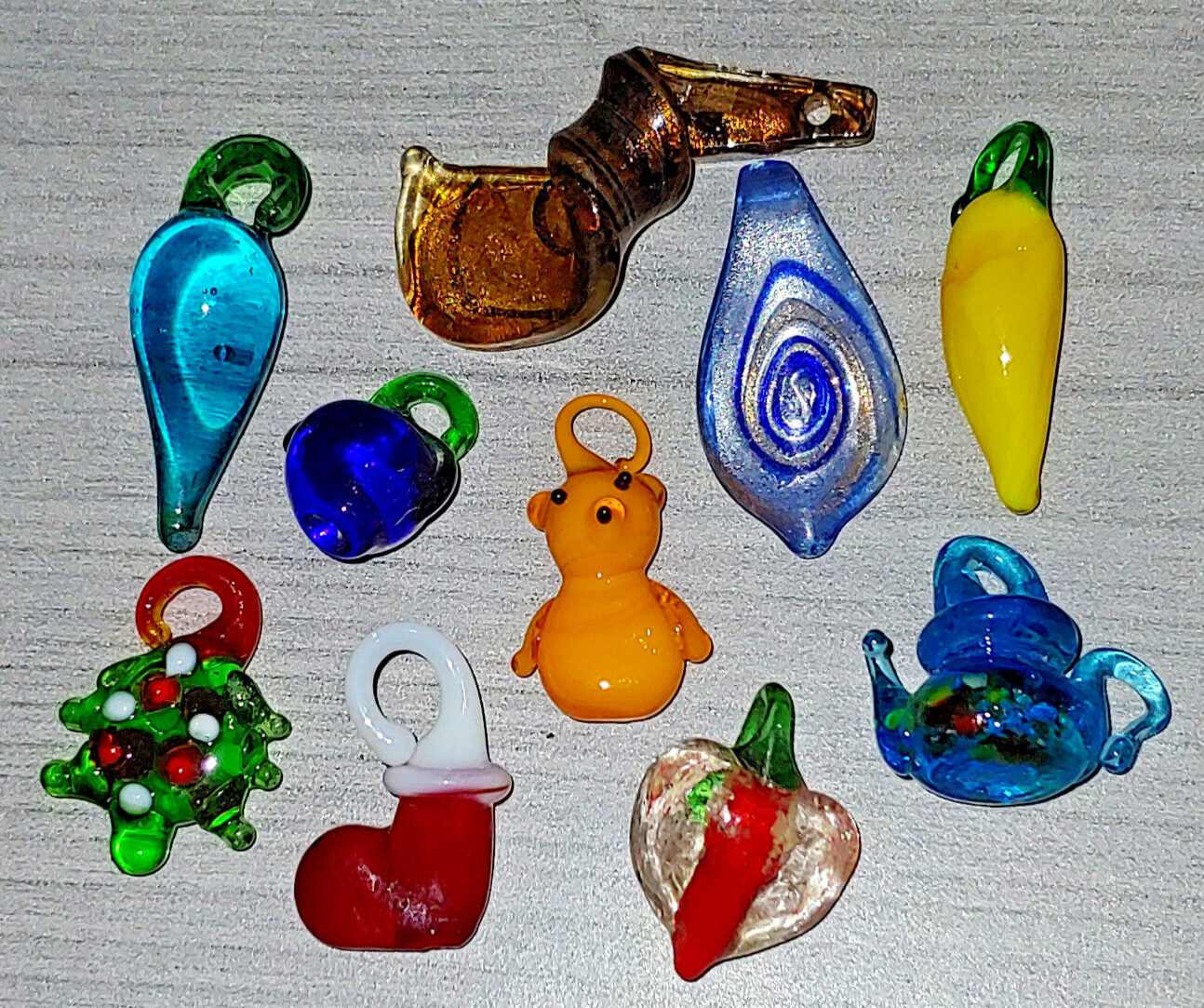 10PC. Lampwork Glass Pendants Charms Multi Color Heart Teardrop Peppers & More