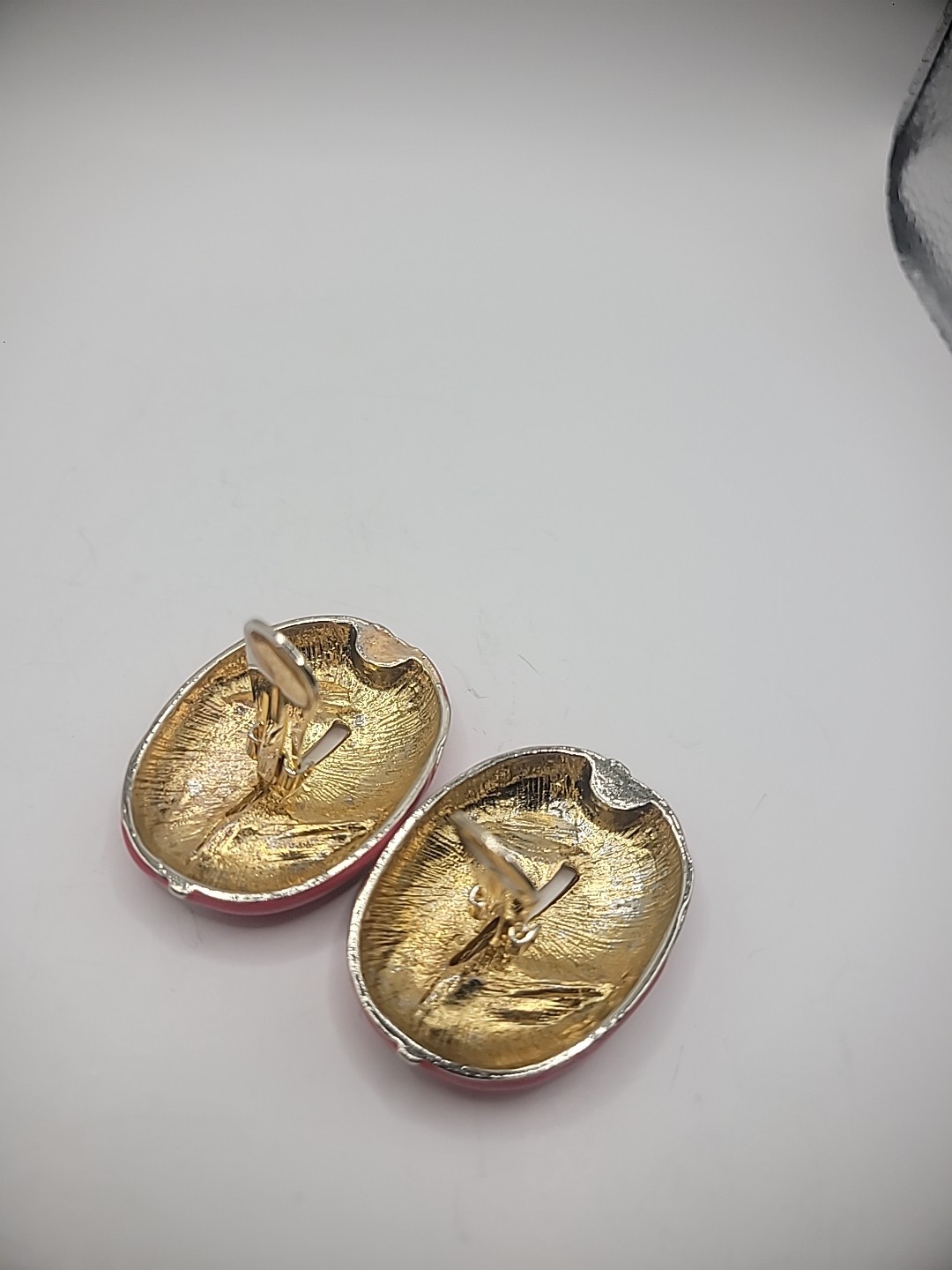 Vintage Earrings Clip On Hot Pink Fuchsia Oval Silver Tone Gold Tone Jewelry