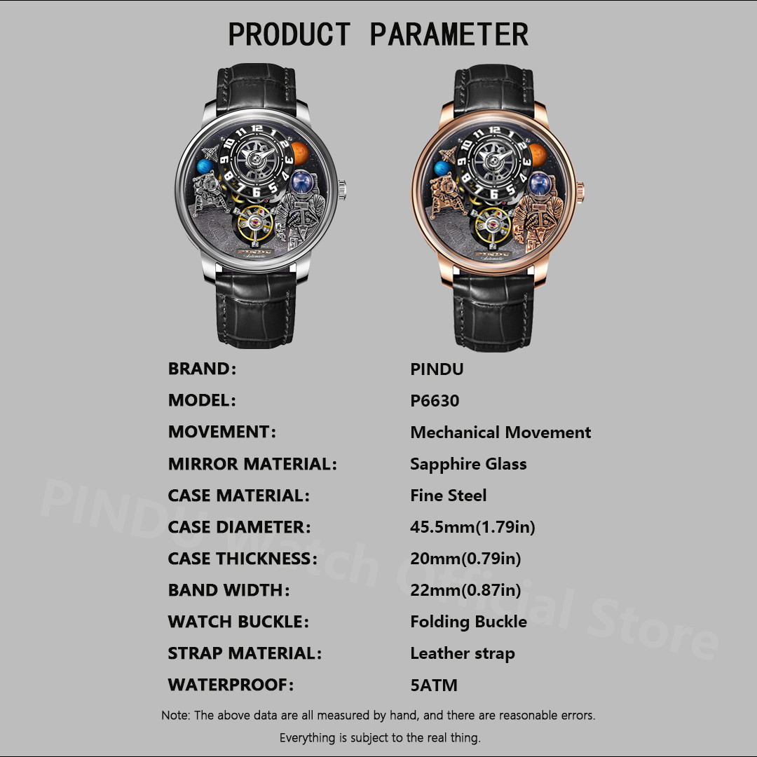 PINDU Men’s Automatic Watch 45.5mm Steel Sapphire Crystal 30M Waterproof Designe