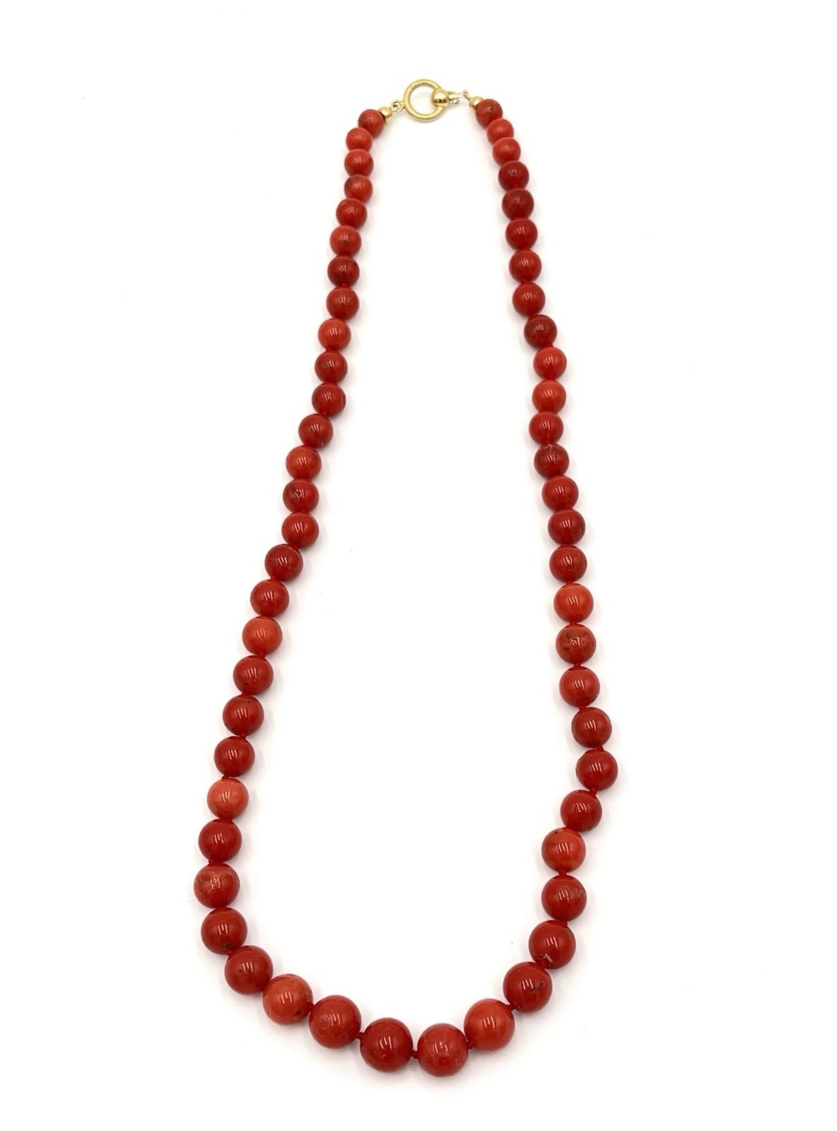 Natural Mediterranean Red Coral Necklace 63cm Balls 7-11mm 18kt Gold Knot
