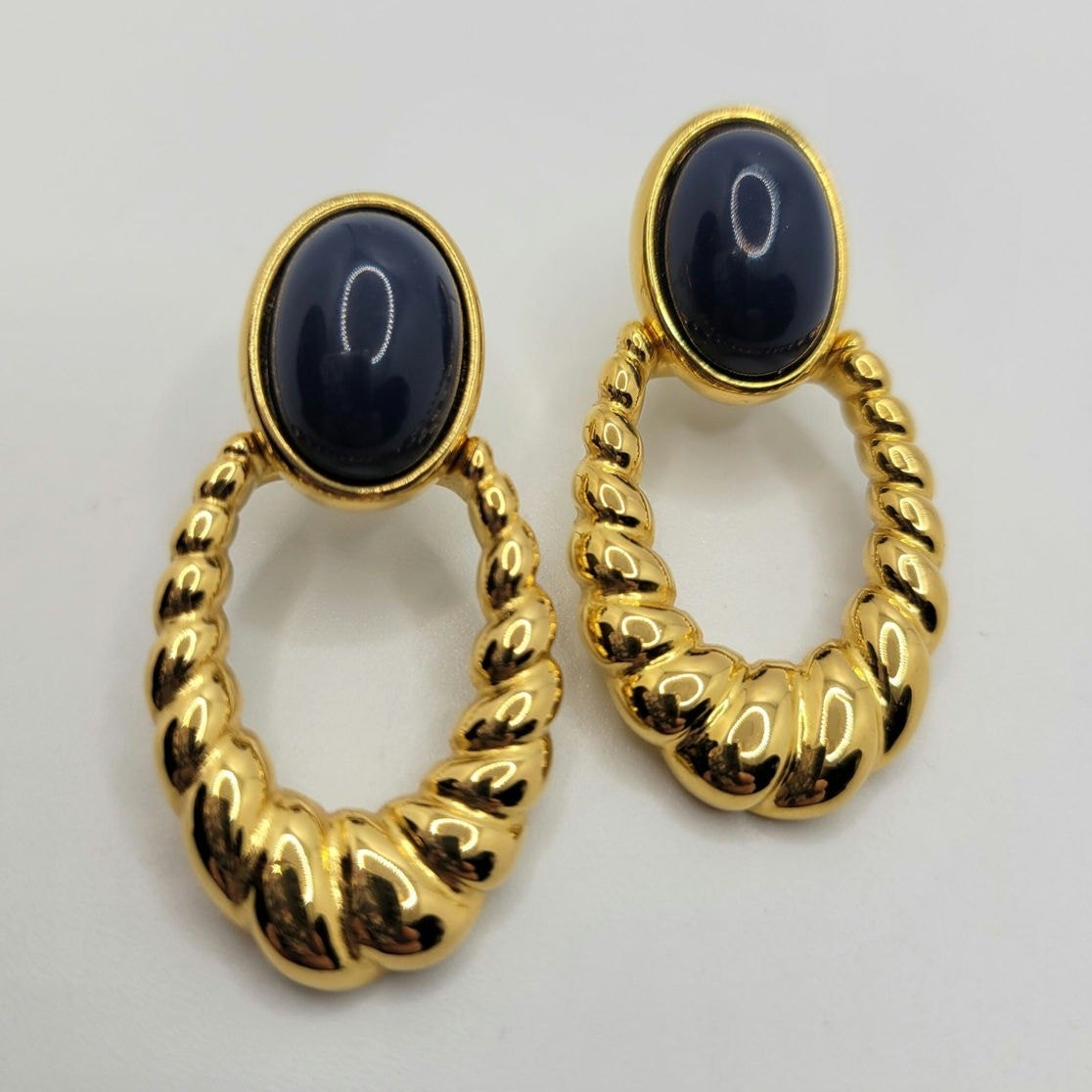 Vintage Signed Monet Door Knocker Earrings Oval Navy Blue Cabochon Goldtone 1990