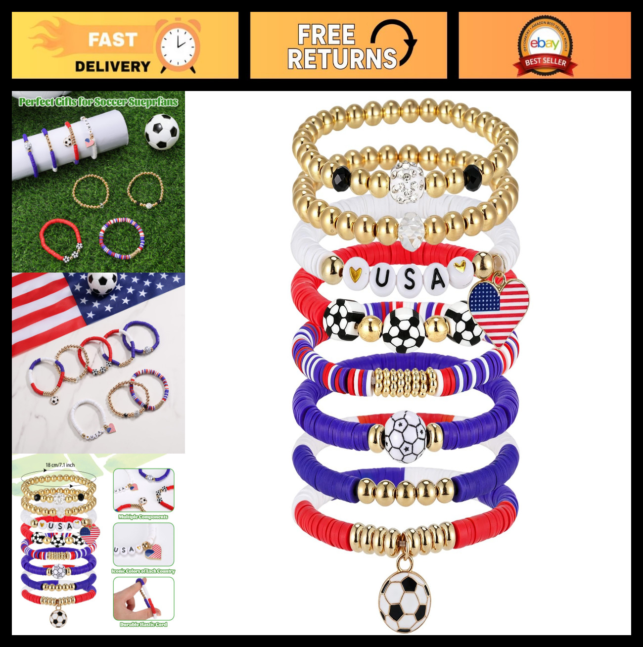 8 Pack Soccer Bracelets for Women – World Cup 2026 Game Day Jewelry, Stackable S
