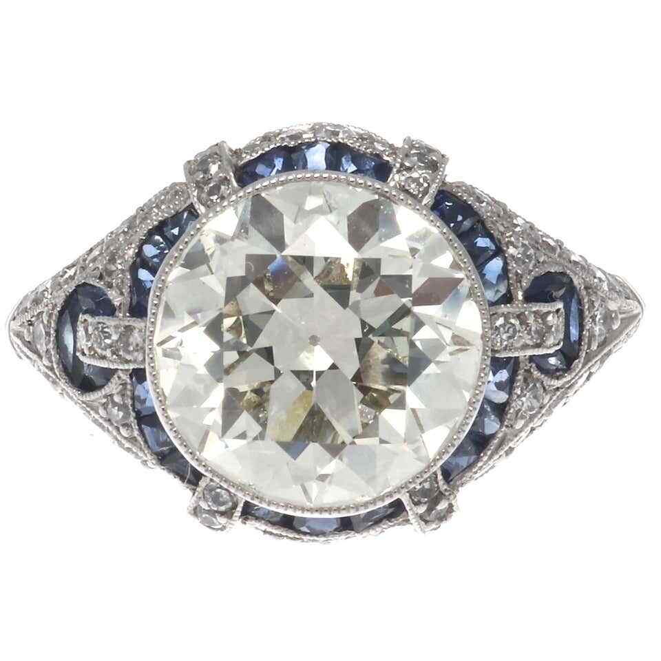 Art Deco Revival 3.38 Carat Old European Cut CZ & Blue Sapphire Engagement Ring