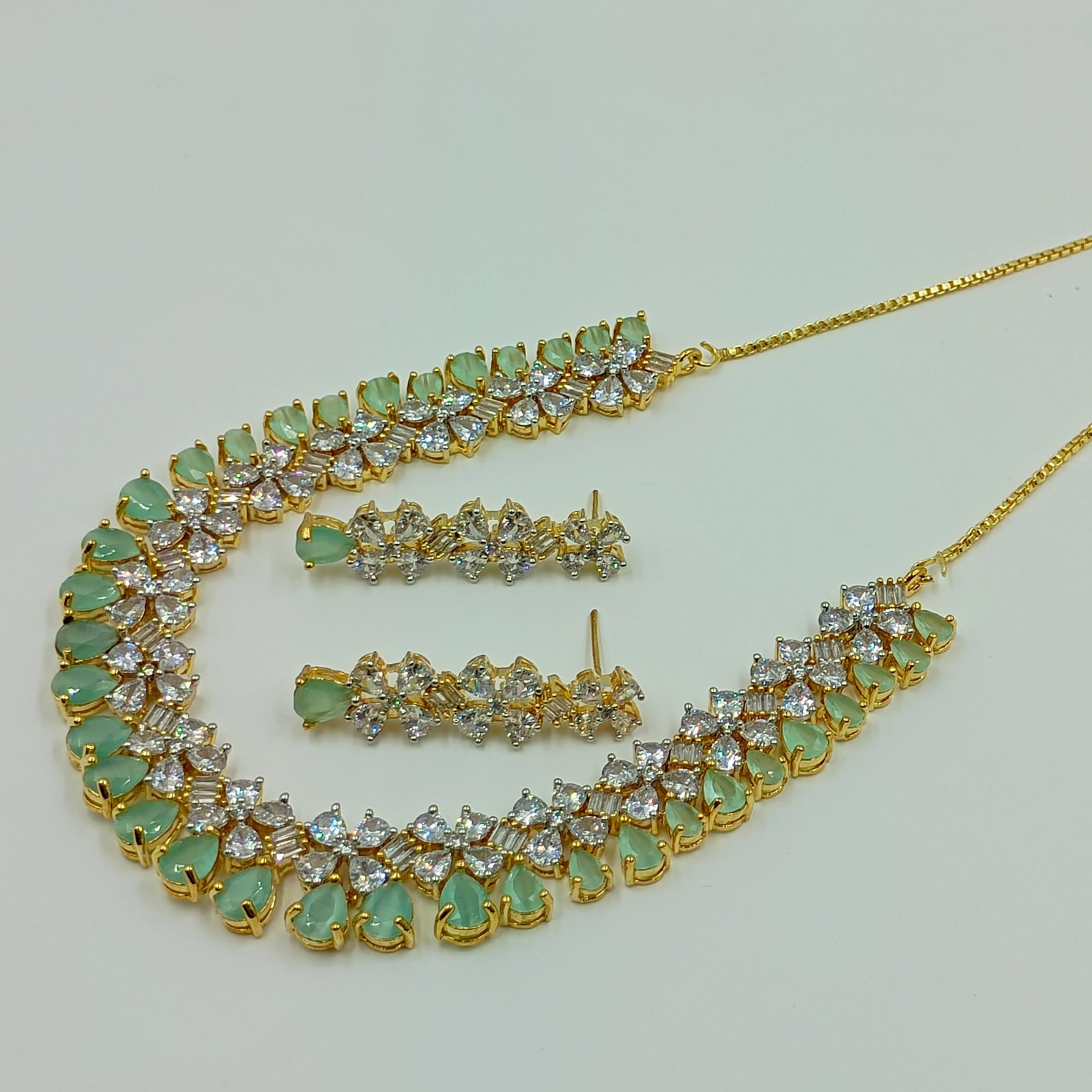Designer Chalcedony CZ Diamond Gold Plated Necklace Set Bridal Jewelry For Women