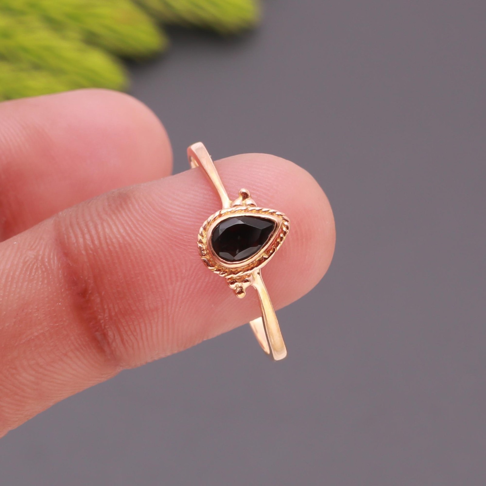 Natural Black Onyx Pear Ring Rose Gold Fill 925 Sterling Silver Unique Jewelry