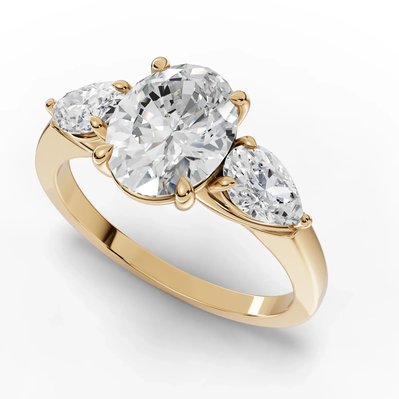 2.25 Ct Oval Three-Stone Lab Grown Diamond Ring 18K Yellow Gold With Pear Sides